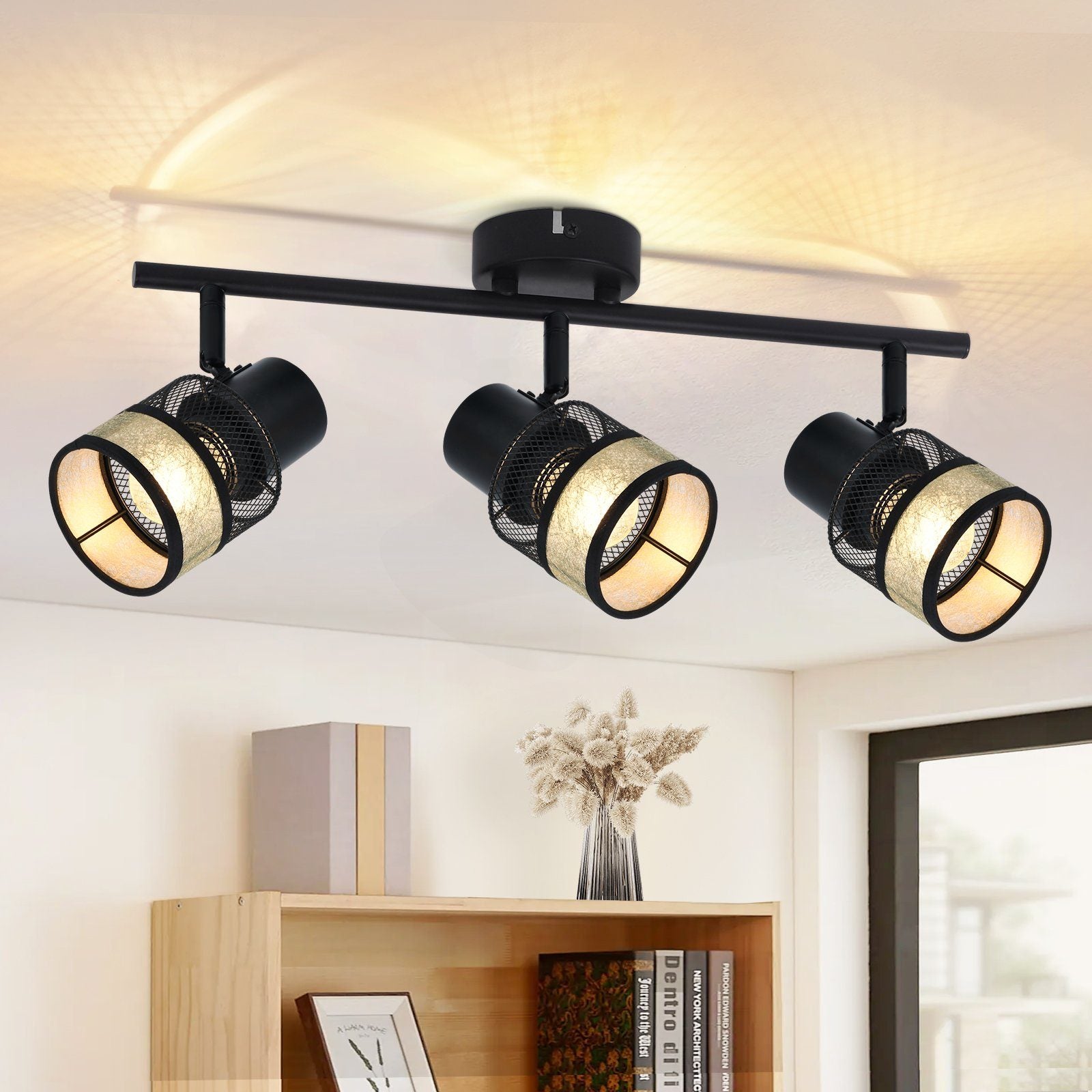 ZMH Trzypunktowa metalowa lampa sufitowa E27, maksymalna moc 25 W, obrotowy klosz z tkaniny 330°, odpowiednia do salonu