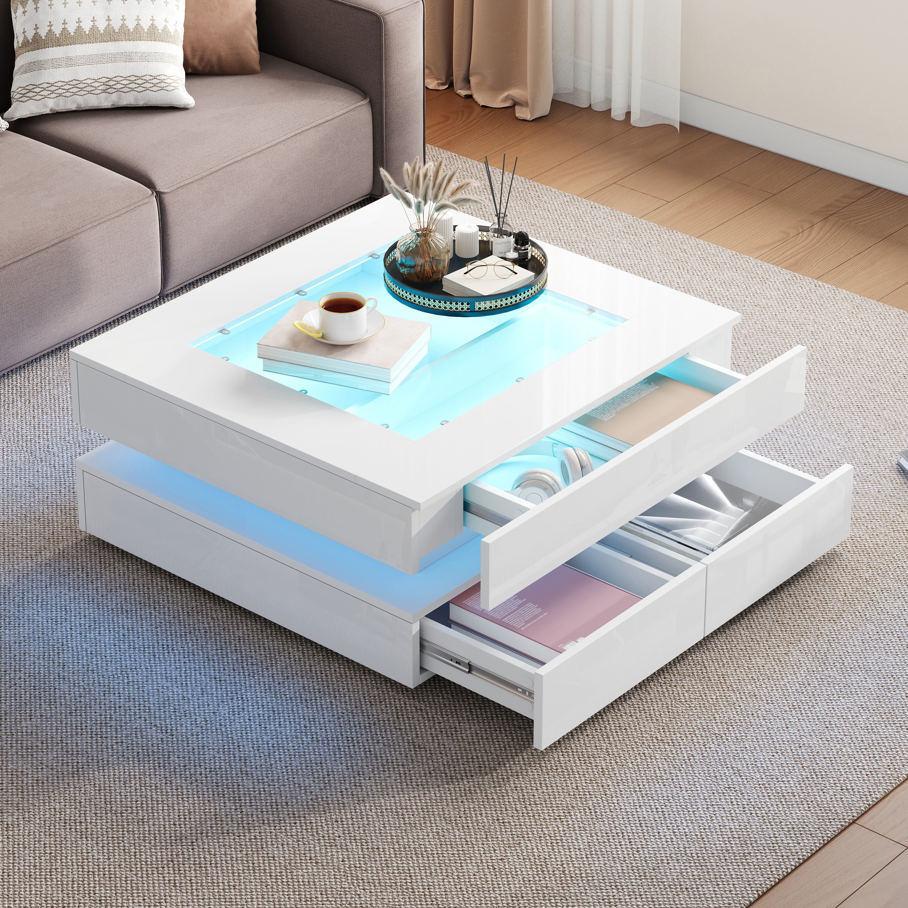 Stolik kawowy 70x70x35 cm - Z oświetleniem LED - 3 szuflady - Szklany blat - Lakier na wysoki połysk - Biały - 6