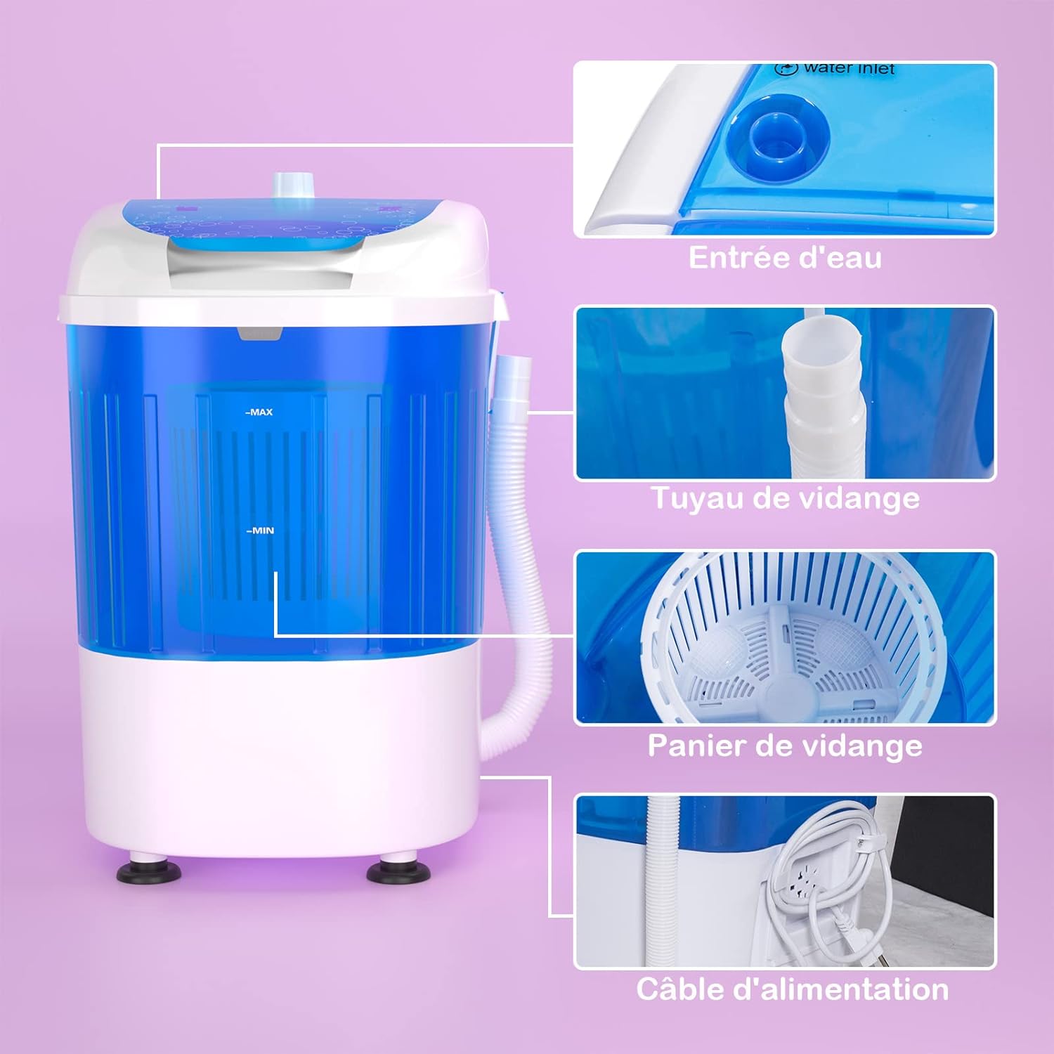 Mini lavadora de 2 kg con lavado rápido en 10 minutos - Lavadora semiautomática compacta y portátil - 36 x 34 x 51 cm, color azul - 6