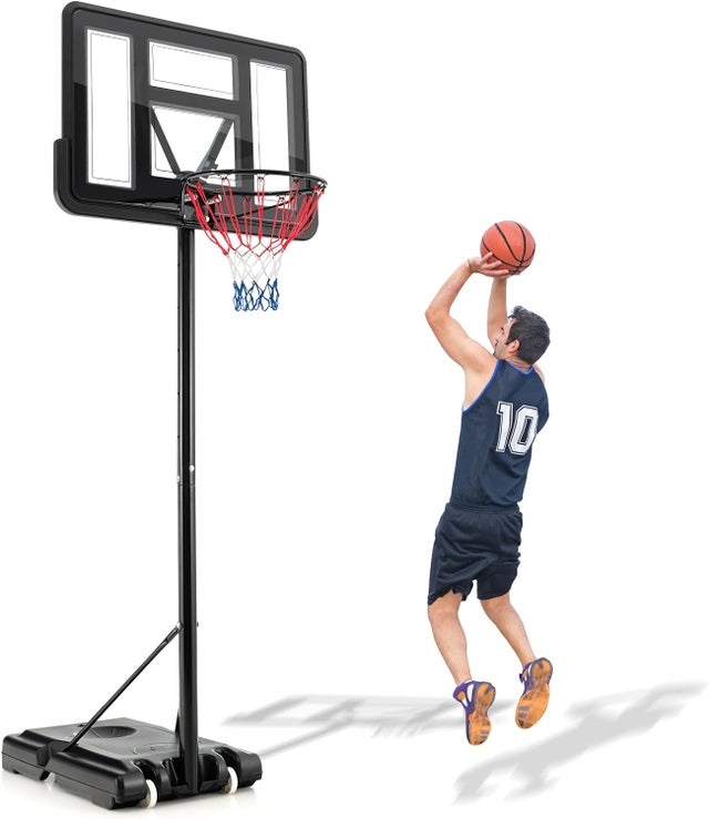 Aro de baloncesto de altura ajustable de 130-305 cm con tablero de 24 cm, ruedas y base rellenable