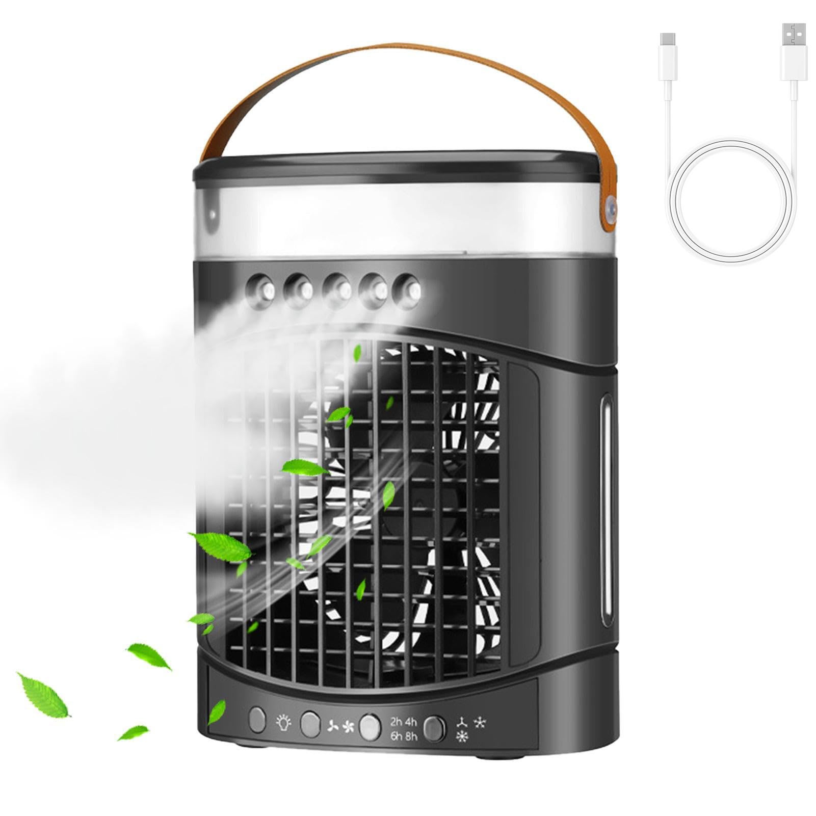 Chłodnica powietrza wyparna, wentylator ładowalny, 3 prędkości wentylacji, zbiornik na wodę 600 ml, LED 7 kolorów, timer (czarny)