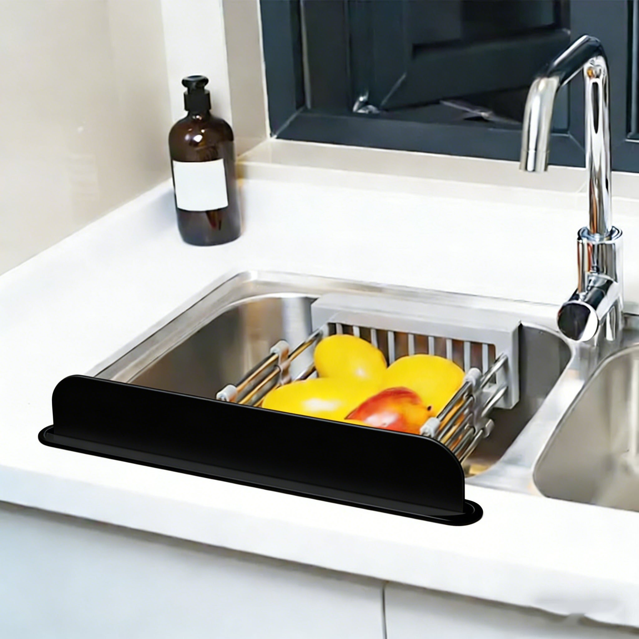 Protection Anti-éclaboussures évier Cuisine - Tapis Silicone 58x12.5cm, Drainage Eau, Facile à Ranger