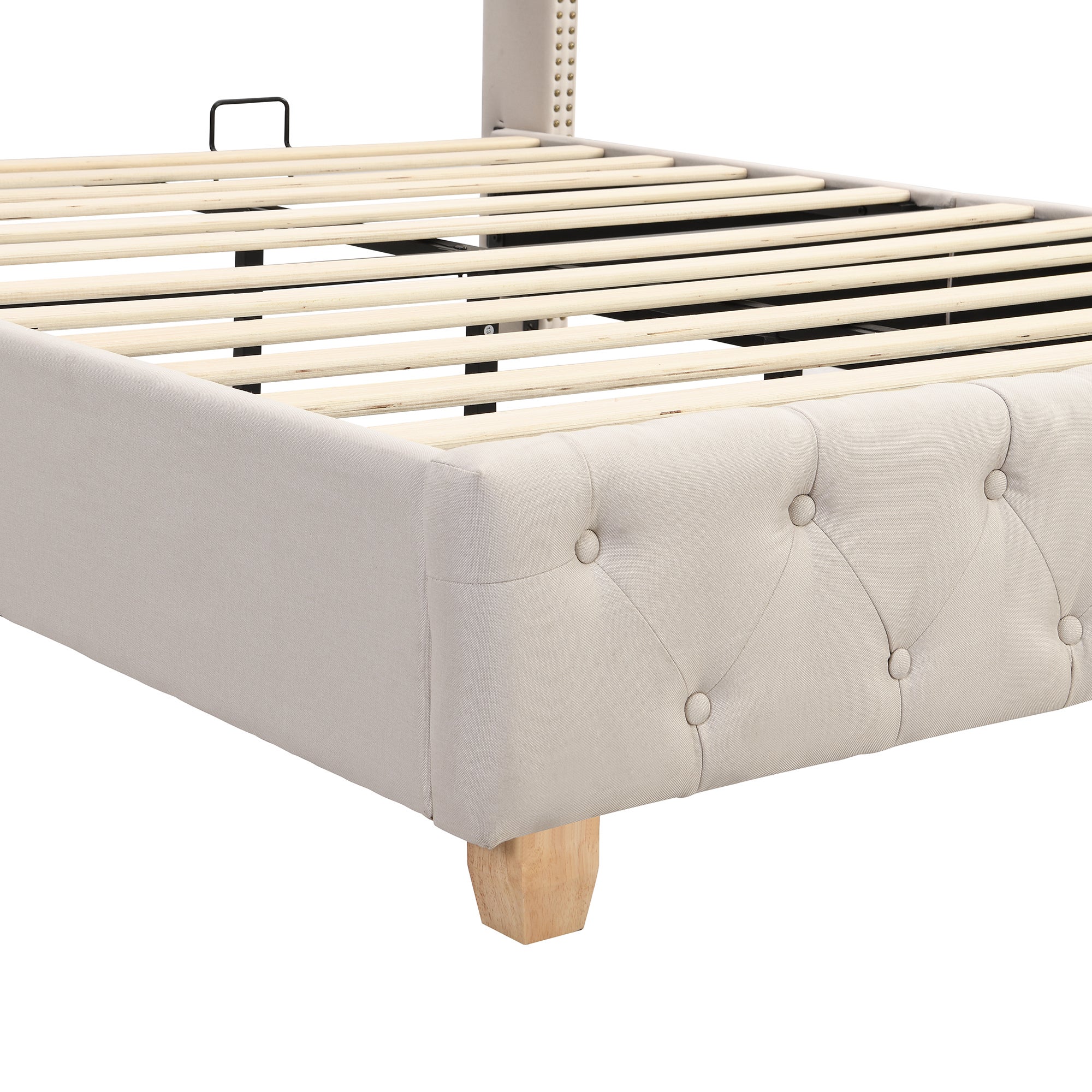 Lit Double 140x190cm Lit 2 Personnes Avec Sommier à Lattes Et TêTe De Lit Coussin à Boutons Pieds En Bois Lin, Beige - 8