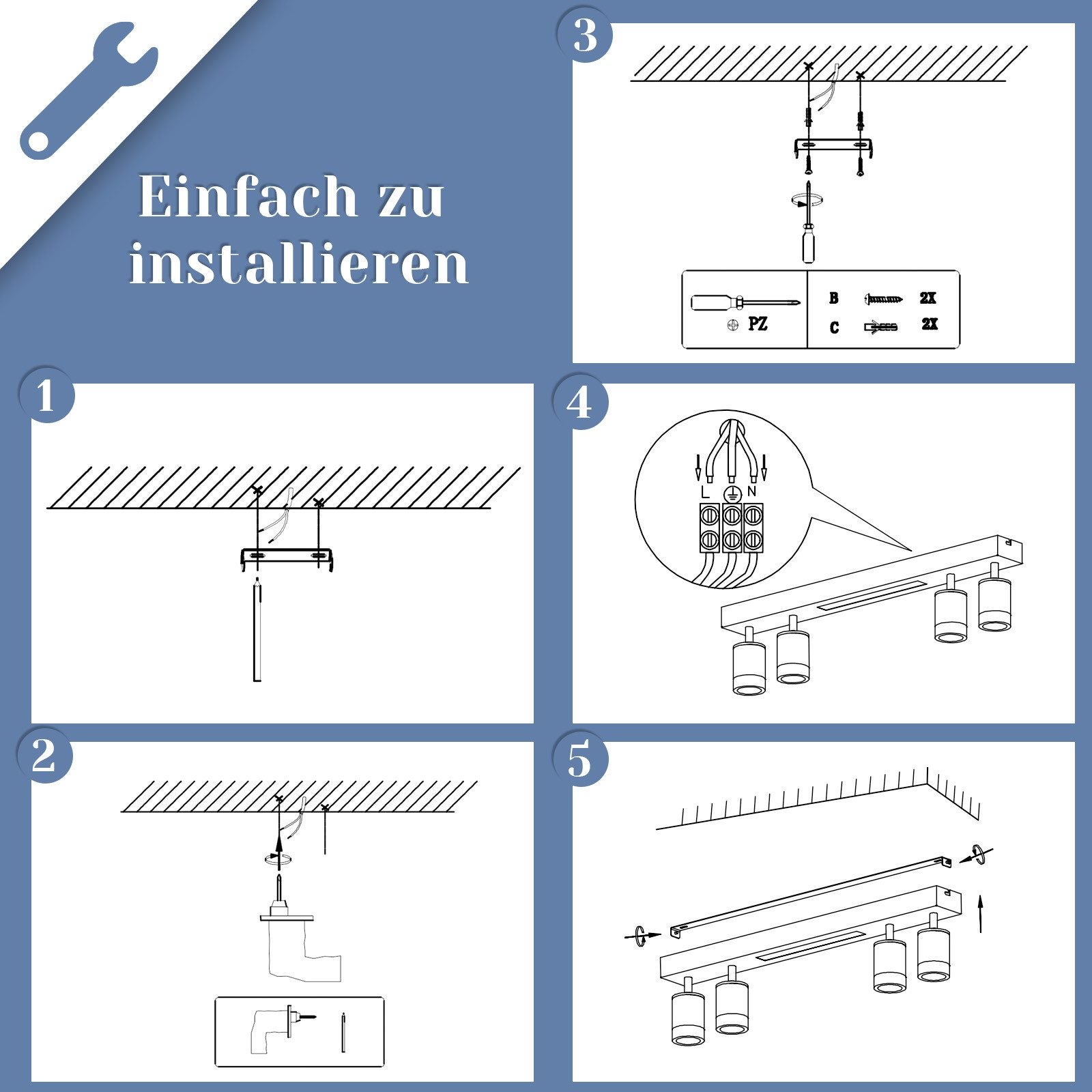 NETTLIFE Plafón LED regulable 4 bombillas negras 38W con mando a distancia 3000K-6500K orientable 350° - 7
