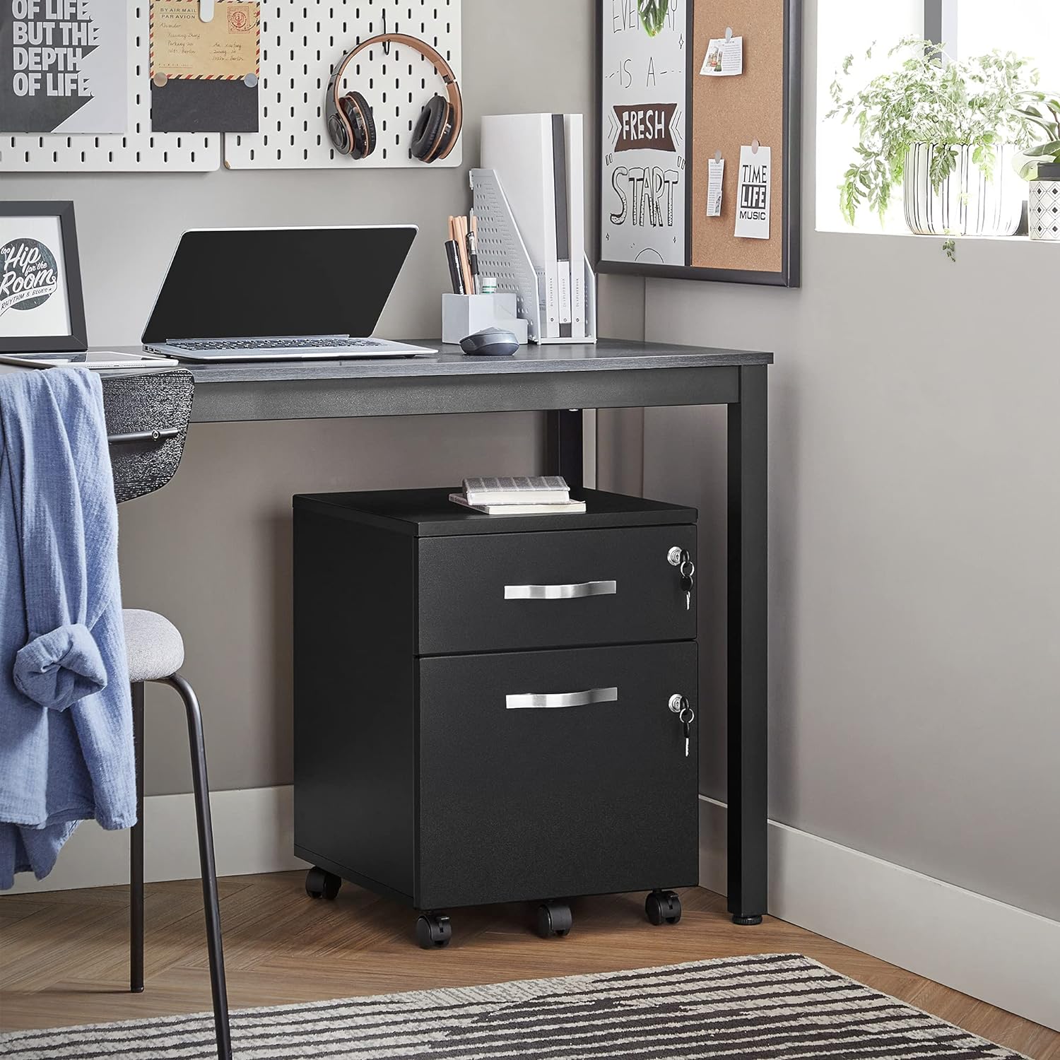 Caisson De Bureau, Caisson De Rangement, Classeur, 1 Tiroirs Pour Dossiers Suspendus, Noir - 2
