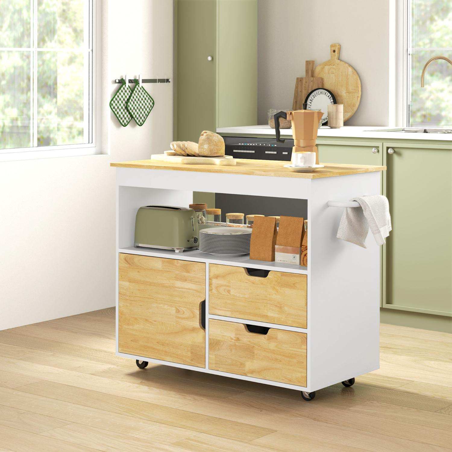 Carrito de cocina con encimera de madera, cajones, estante abierto, puerta con cierre suave, ruedas, 107x50x85 cm
