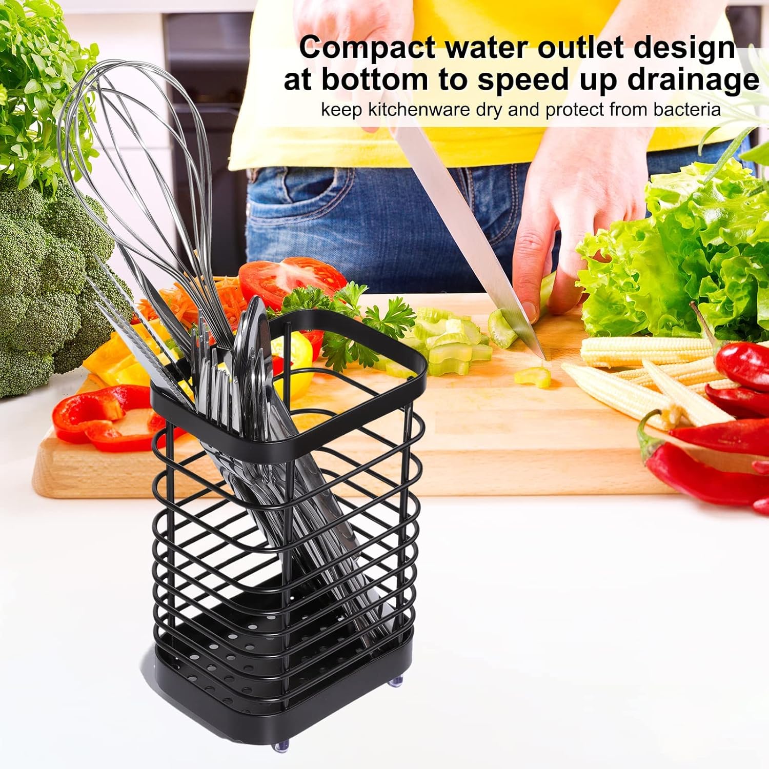 Panier à couverts en acier inoxydable, support à ustensiles de cuisine pour organiser les tiroirs et les plans de travail, 10 x 7,5 x 15 cm, noir - 5