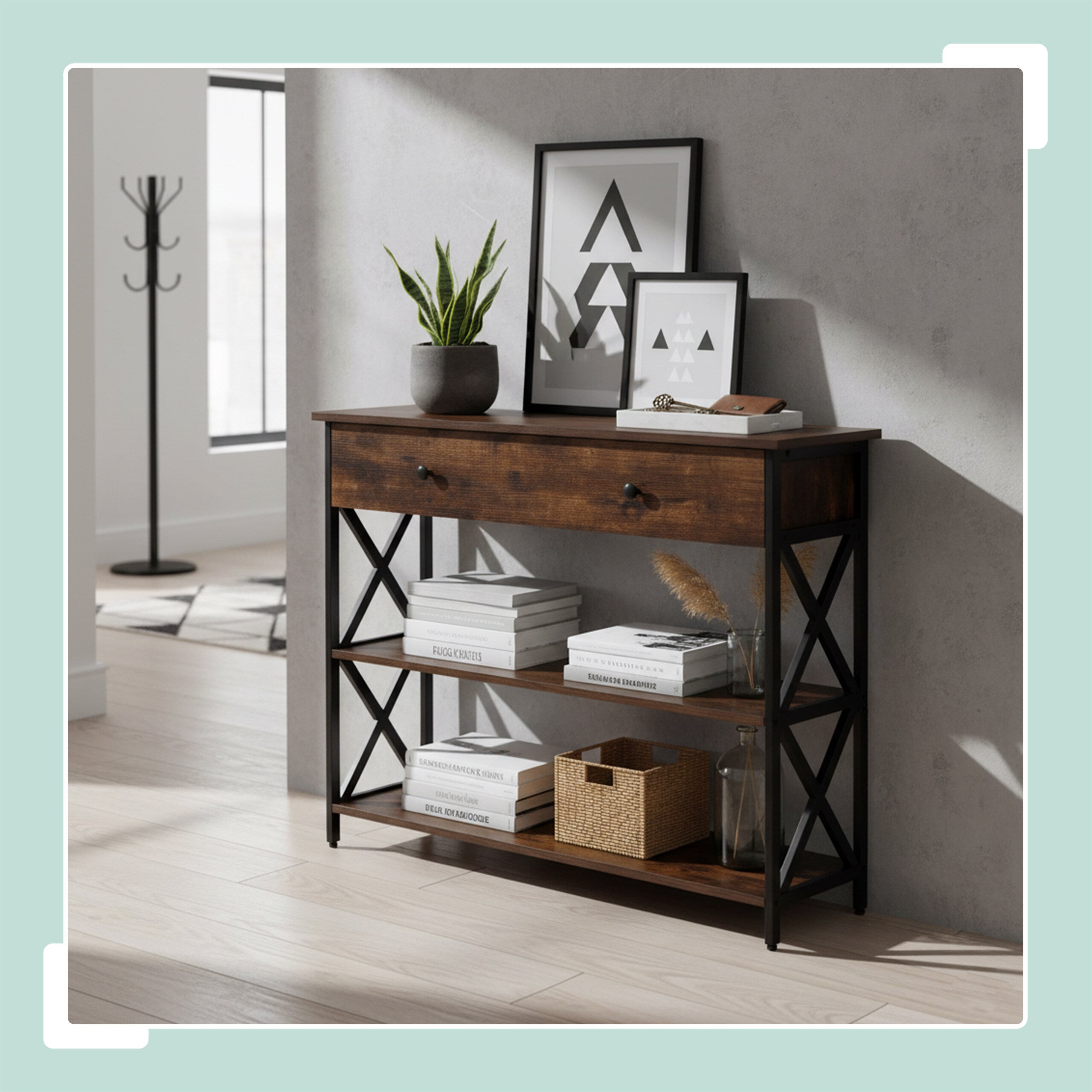 Consolle 100x55 cm con barra in metallo e piano in legno 8 cm - Harlem