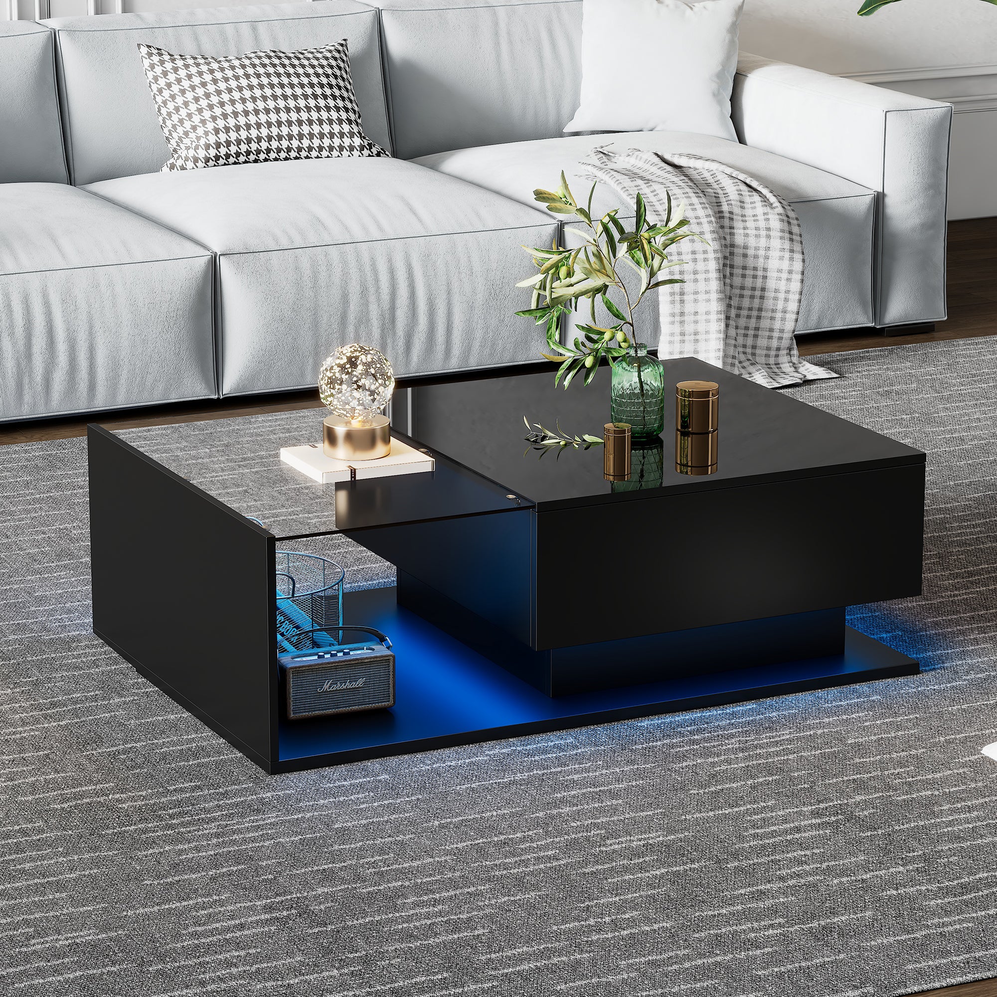 Table basse avec éclairage LED - avec plateau en verre et tiroirs ...