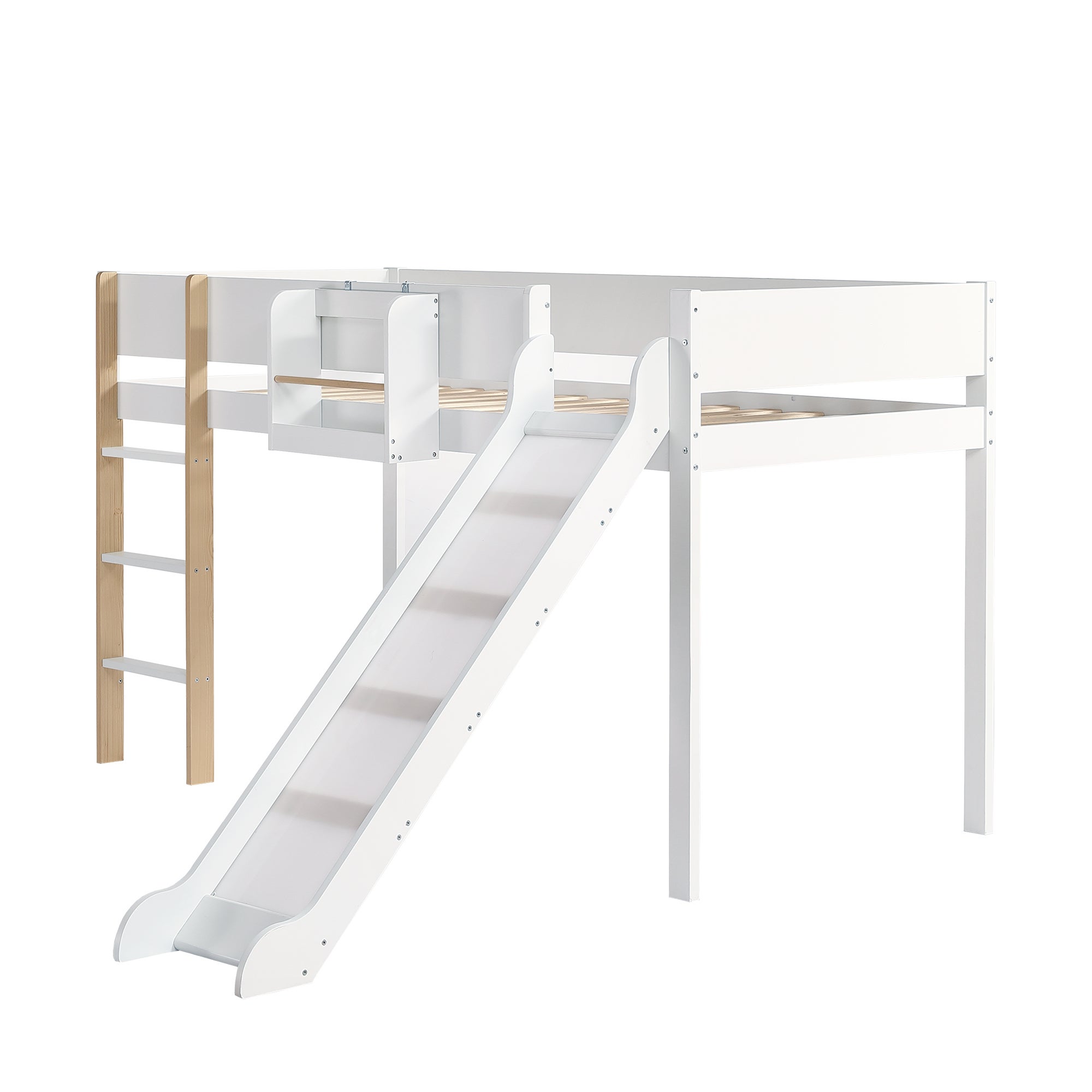 Letto a soppalco 90x200cm, letto a castello con scala dritta a tre gradini, letto per bambini, letto per ragazzi con scivolo, bianco+naturale - 8