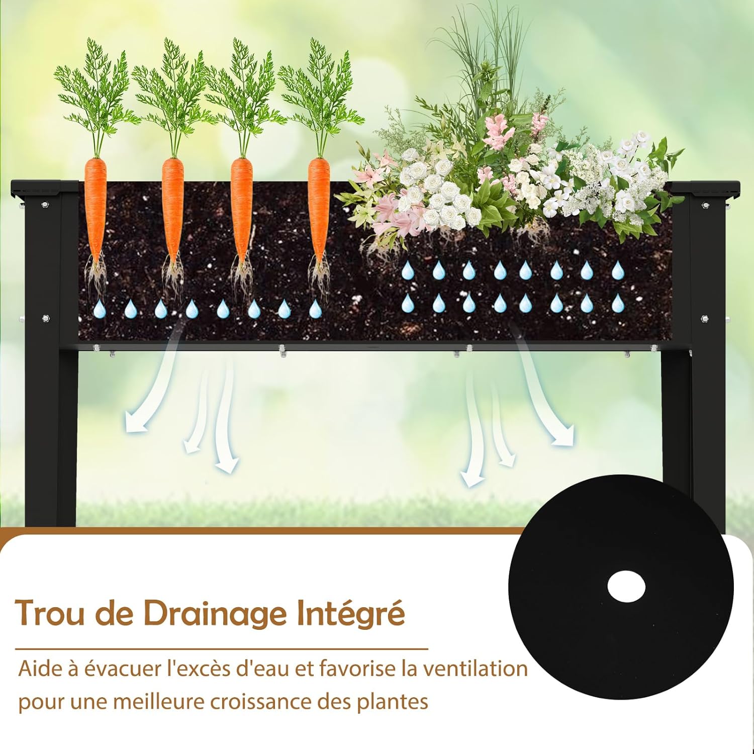 Carré Potager sur Pieds, Trou de Drainage, Structure Métallique, Jardinière Surélevée Extérieur pour Plantes, Pieds Antidérapants, Noir - 3