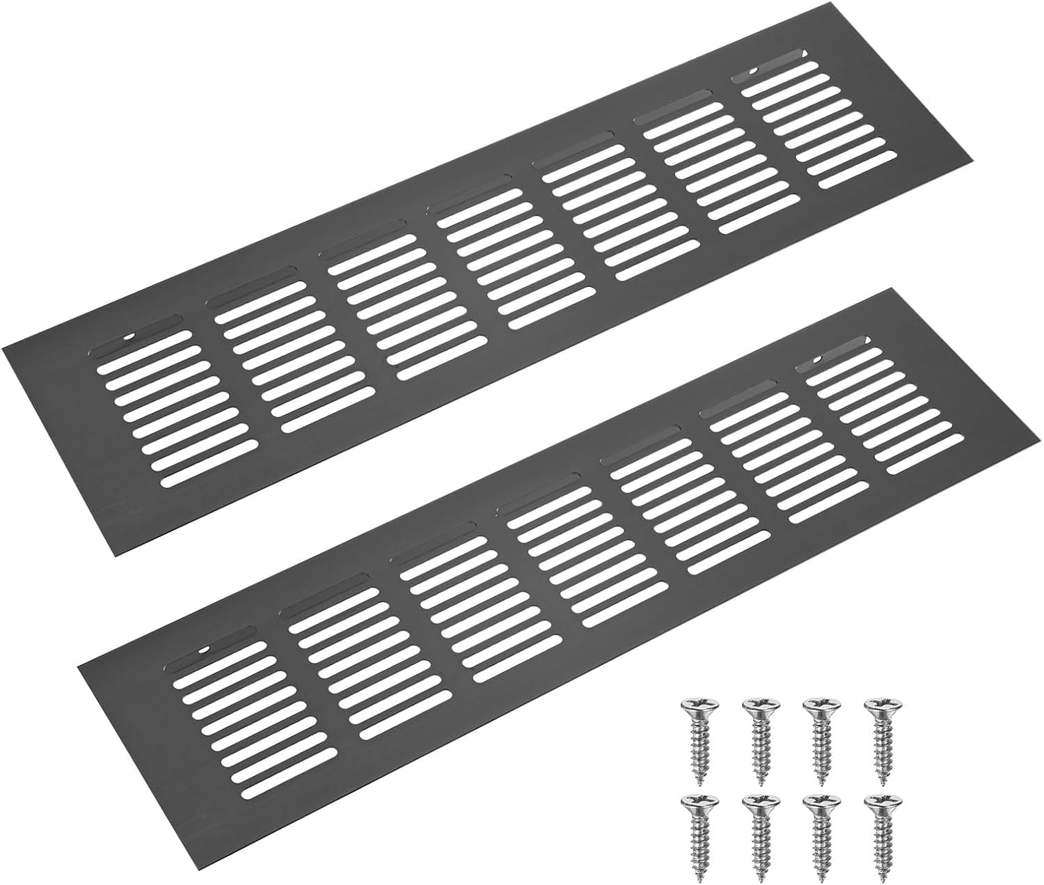 Zestaw 2 aluminiowych kratek wentylacyjnych wewnętrznych 300 x 80 mm do szafek, garderób i szafek na buty z 8 śrubami [Czarne]