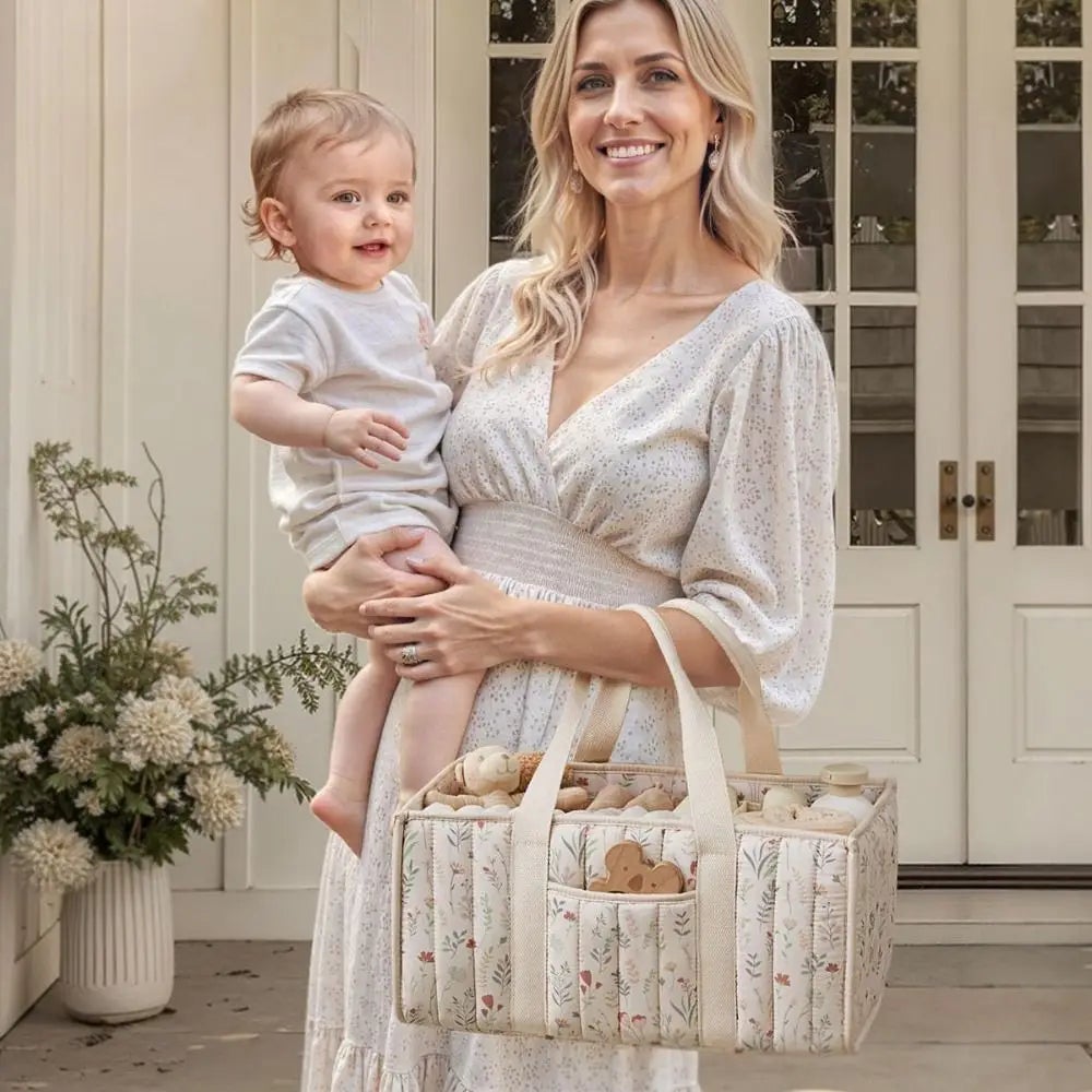 NICOLA Organisateur de caddie à couches,panier de rangement pour chambre d'enfant,registre de bébé indispensable,Beige floral - 7