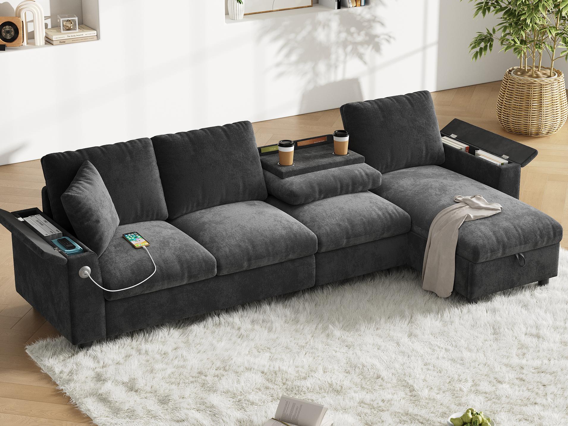 Nowoczesna sofa narożna w kształcie litery L - z 2 uchwytami na kubki - 1 portem USB i 1 portem USB-C - tapicerowana tkaniną szenilową - szara