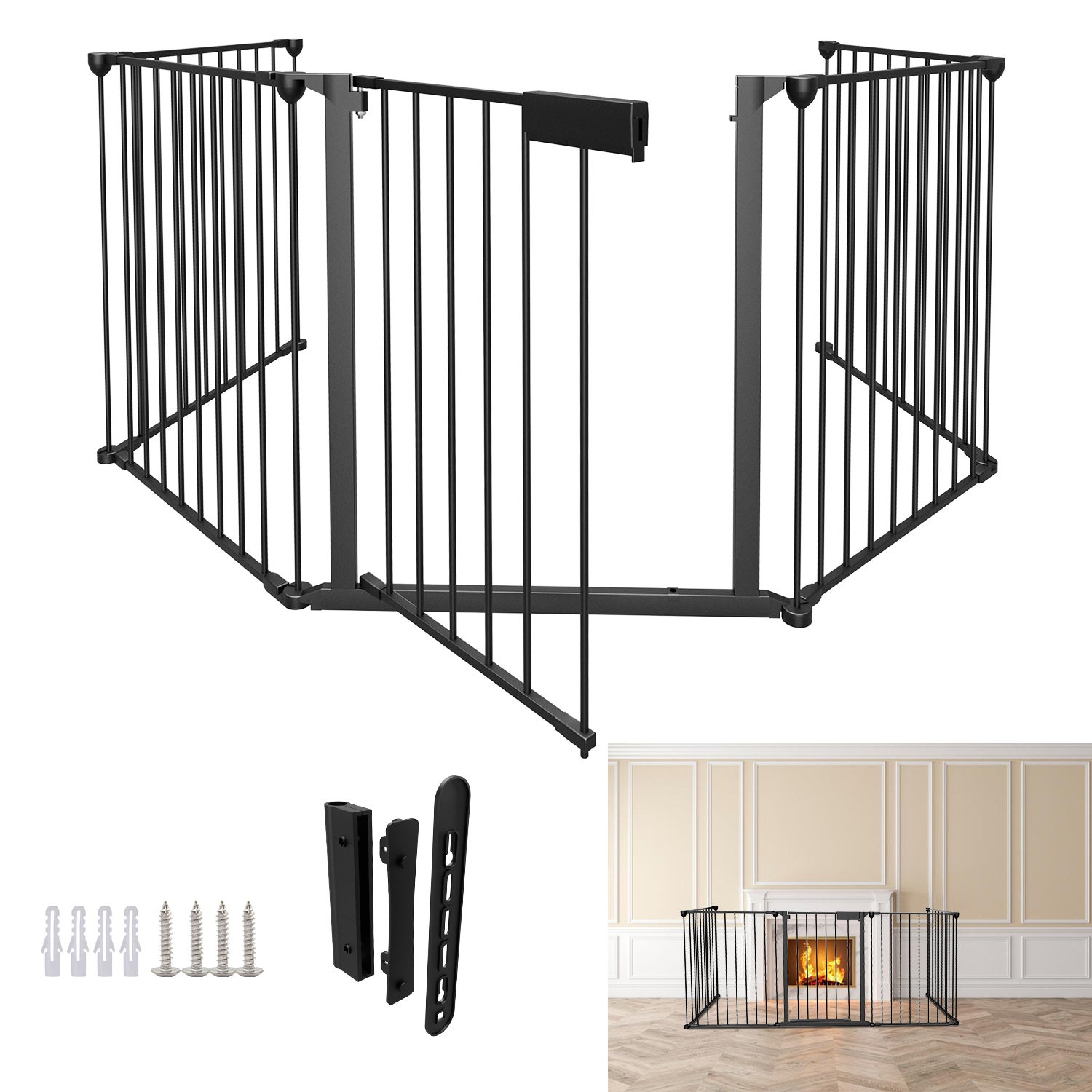 GOPLUS Barriere De Securite Enfant Bebe Animal, Grill De Protection De Cheminee En Fer Clture De Securite Escaliers 5 Barreaux Avec 1 Porte 380x75cm Noir 40877792