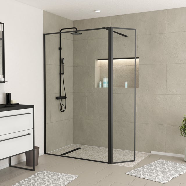 Paroi de Douche avec Volet Pivotant 120+40x200cm - Cadre et Bras Noir Mat - Verre 5 mm