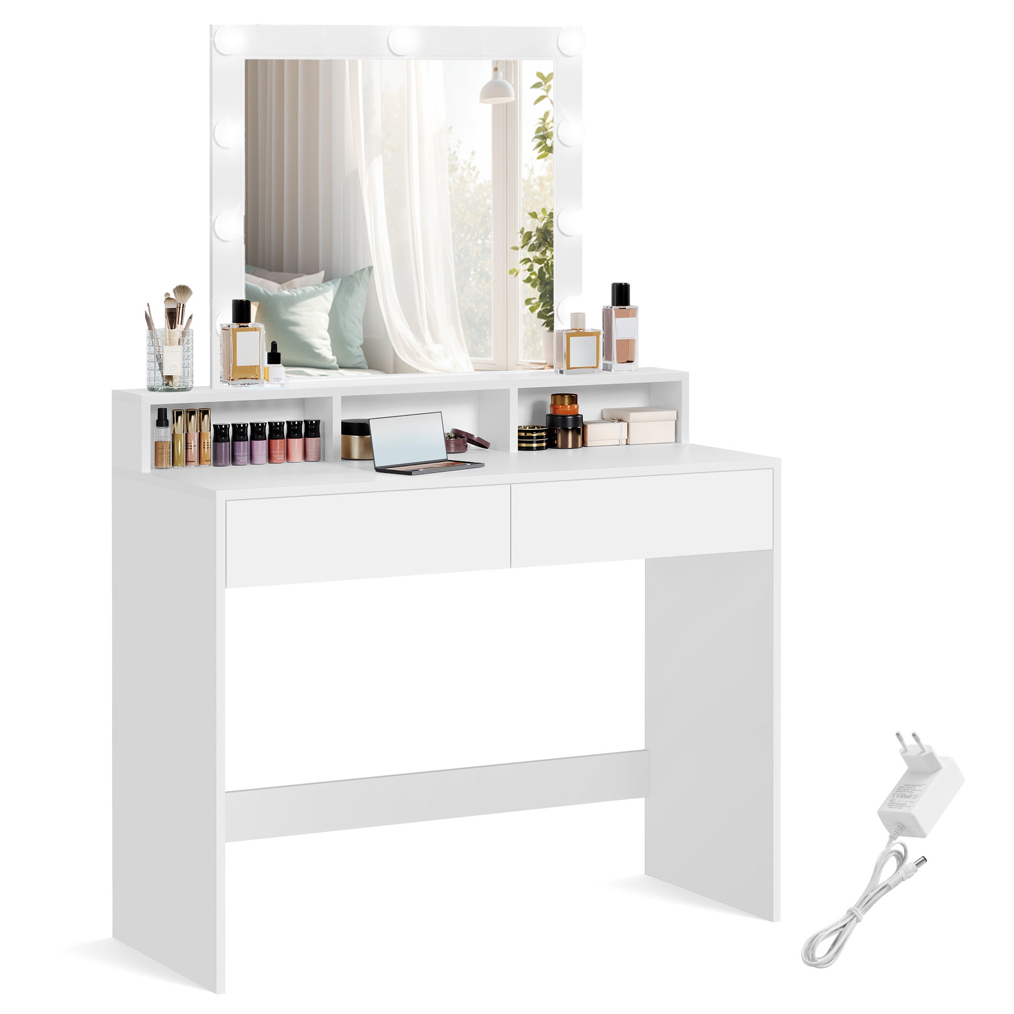 Coiffeuse, Miroir avec LED à Luminosité Réglable, 2 Tiroirs et 3 Compartiments, 100 x 40 x 145 cm (L x P x H), Blanc - 6