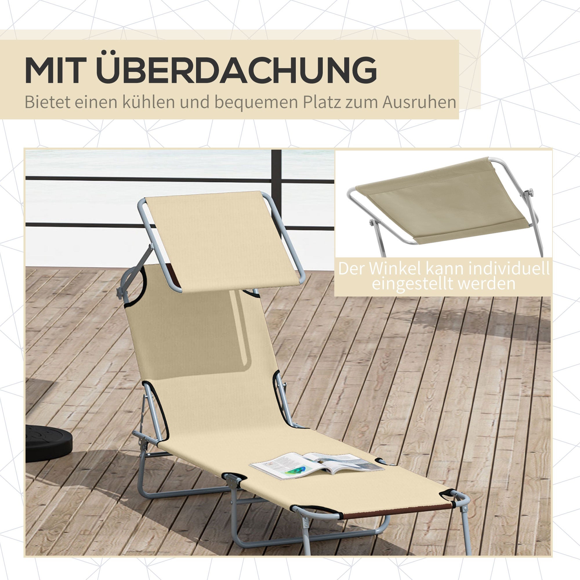 Chaise longue de jardin，Relax，Avec toit，Pliable ，187 x 58 x 36 cm，Beige - 4