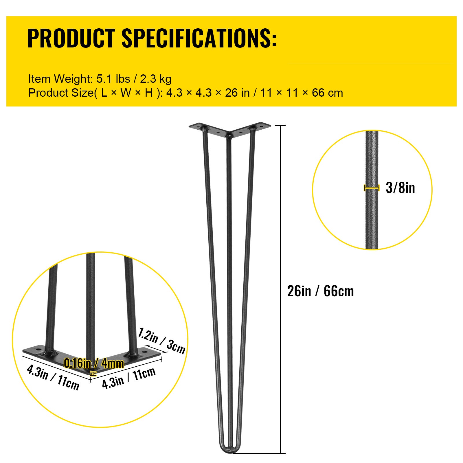 Pieds de Table en Épingle à Cheveux SucceBuy Acier au Carbone 26 Pouces, Lot de 4, Capacité 220 lb par Pied, 3 Tiges, Noir, Pour Bureau et Banc DIY - 9