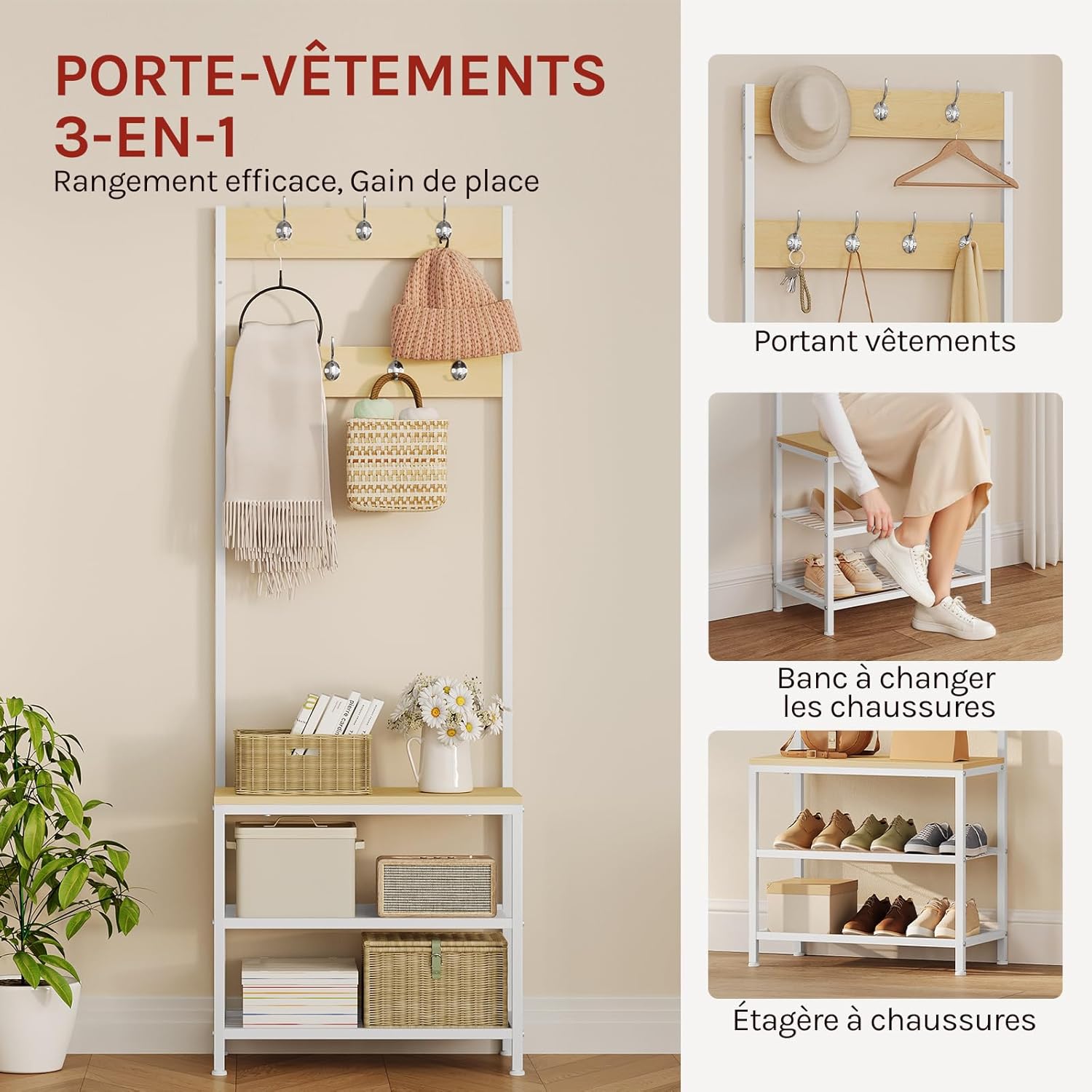Meuble d'Entrée WOLTU, Portemanteau en Métal+Bois d'Ingénierie, avec Étagère à Chaussures et Banc, Chêne Clair+Blanc, 60x31,5x170cm - 3
