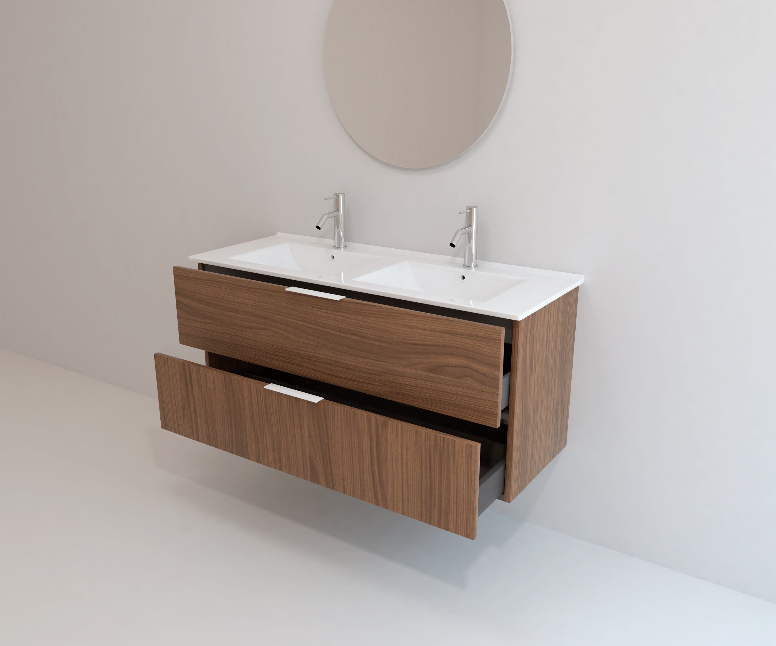 Meuble de salle de bain Mapau Pack avec double vasque et miroir rond SAVART Noyer 120 cm - 5