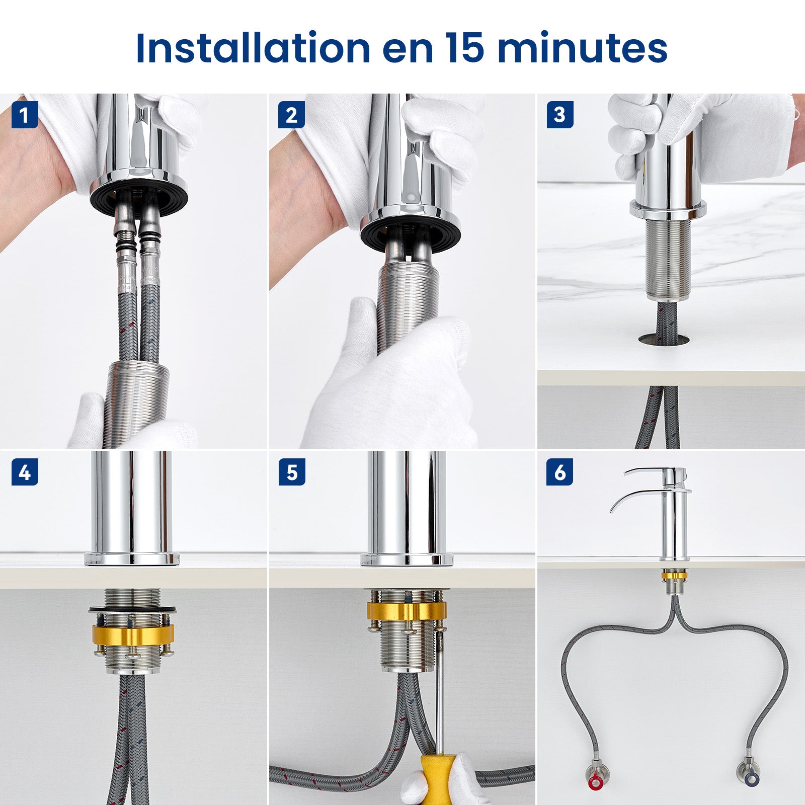 Robinet de lavabo et vasque Ronde Mitigeur de lavabo Chrome Mitigeur lavabo Acier inoxydable Robinet salle de bain en cascade - 7