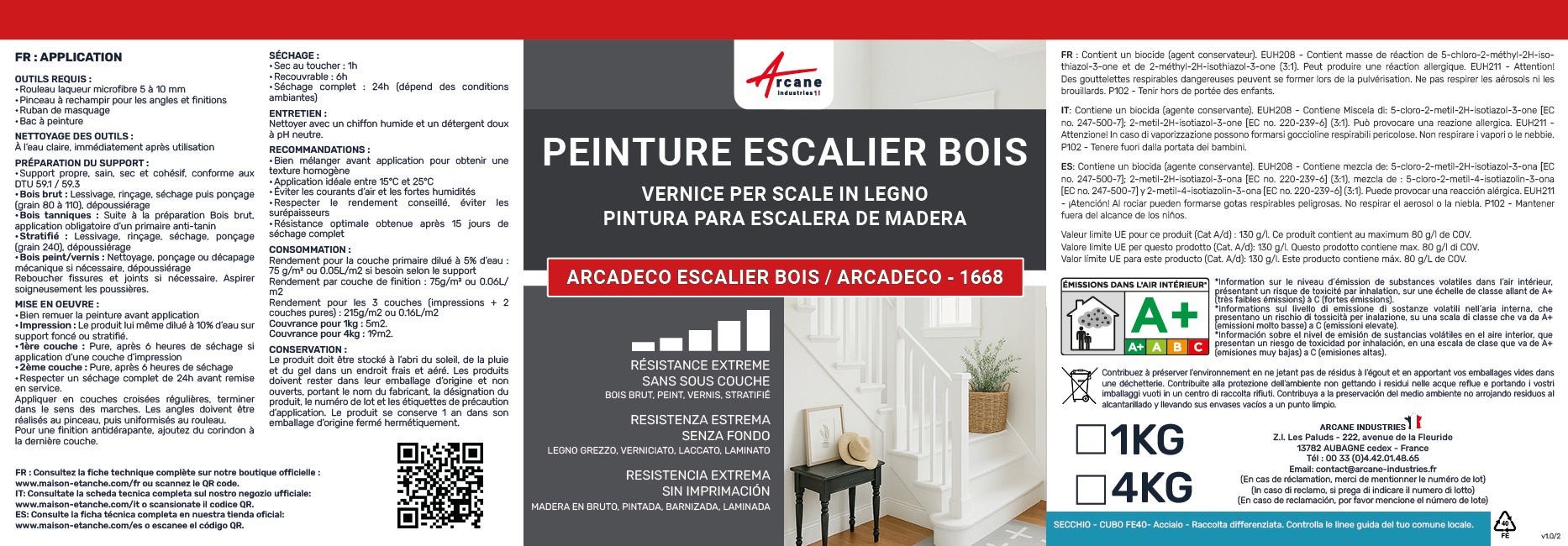 Peinture Escalier Bois : ARCADÉCO ESCALIER BOIS Gris Anthracite - RAL 7016 - 1 kg - ARCANE INDUSTRIES - 7