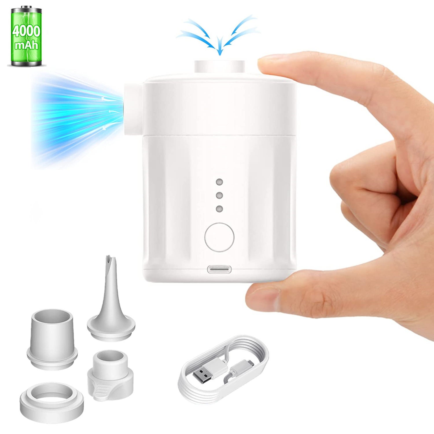 Pompe électrique Portable 2-en-1 – Rechargeable, 5 Buses, Batterie 2400mAh, Gonflage/dégonflage Rapide, LED – Pour Matelas, Piscine, Camping