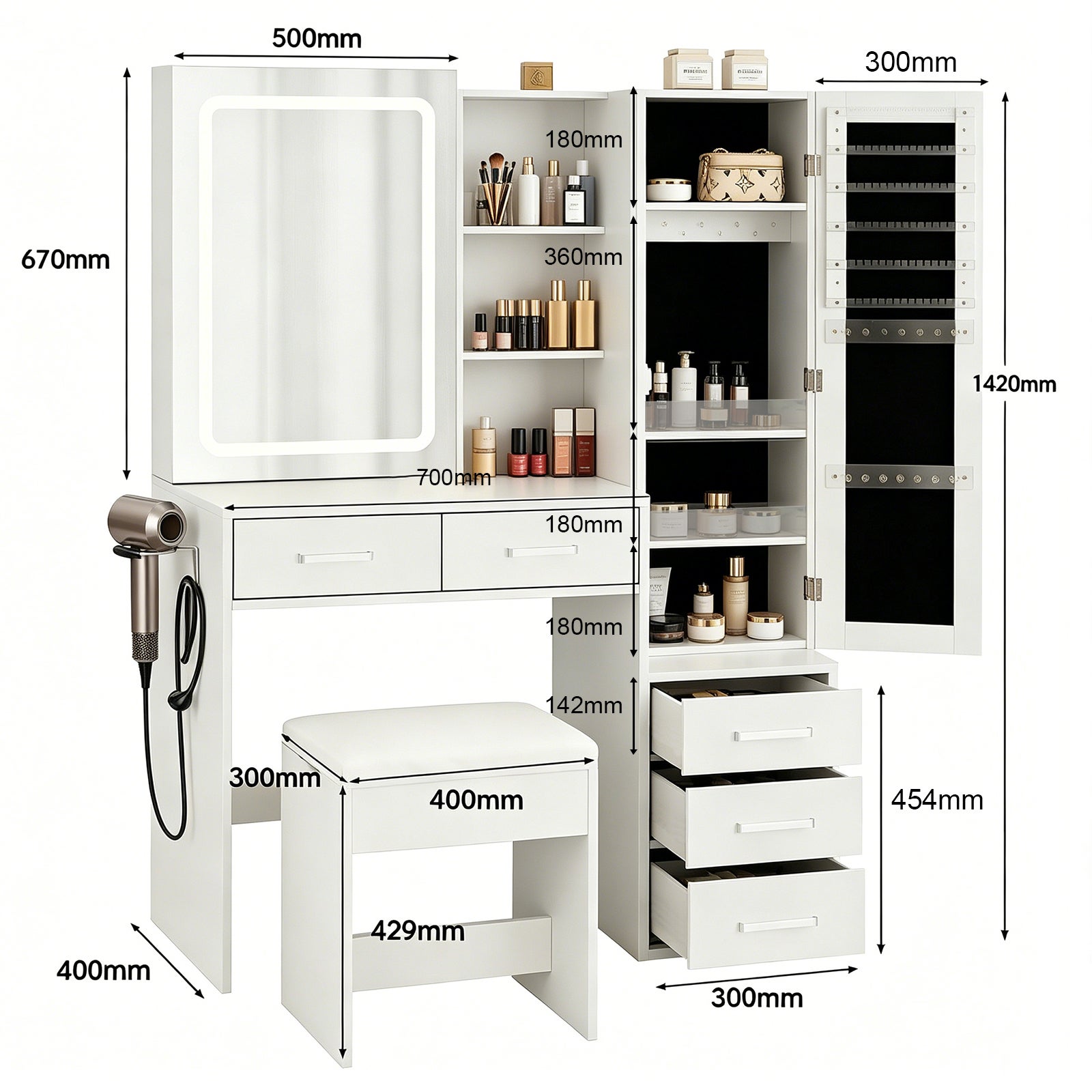 Coiffeuse multifonction avec miroir LED coulissant, rangement bijoux intégré, 5 tiroirs et tabouret rembourré - 3