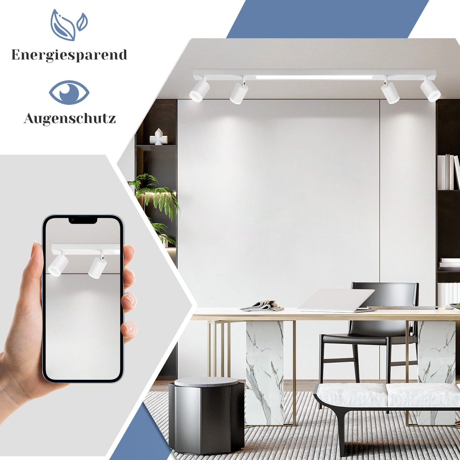 NETTLIFE Plafón LED 4 bombillas regulables 38W blanco con mando a distancia 3000K-6500K orientable 350° - 5