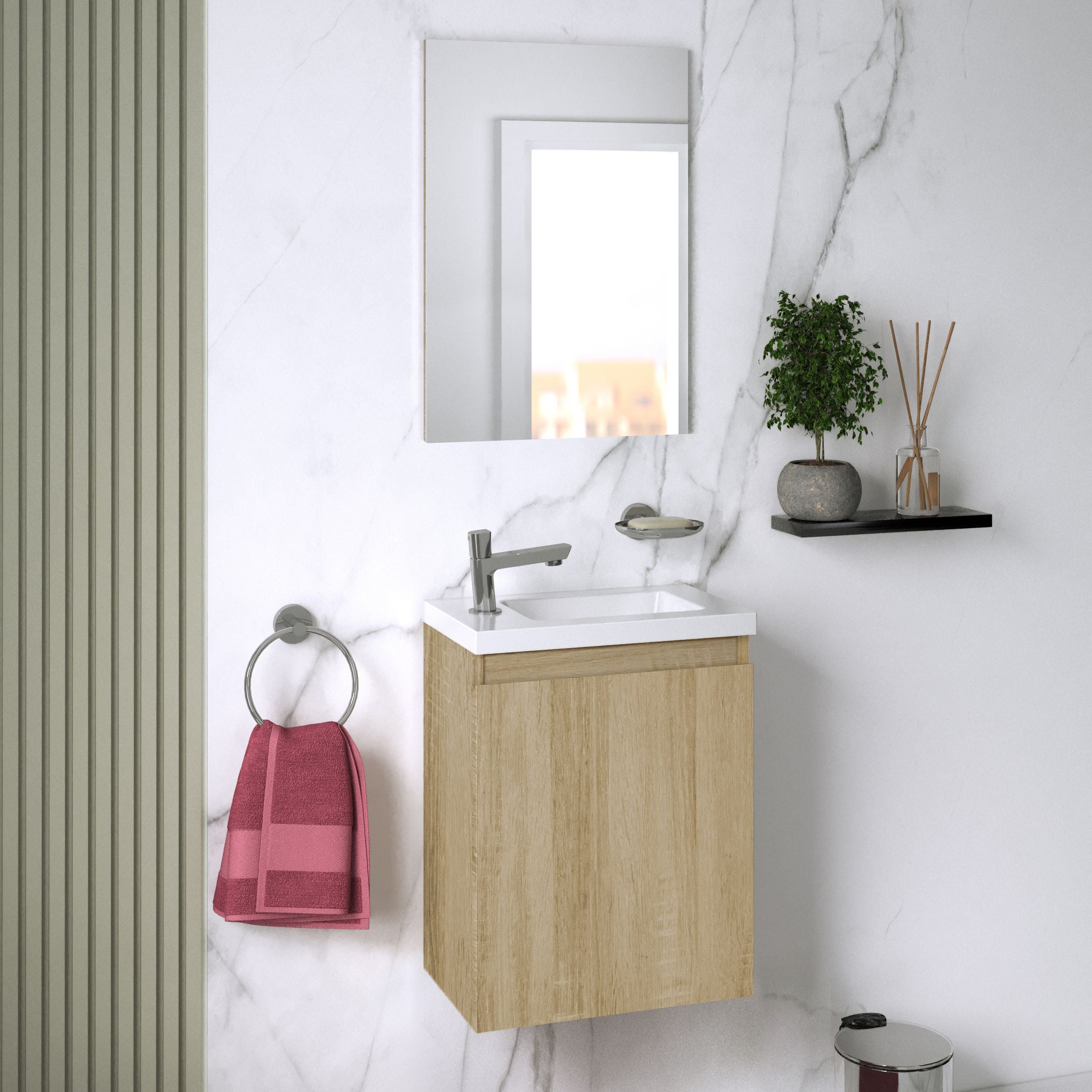 Ensemble meuble lave-mains avec miroir PORTO PACK - couleur chêne - L40 x H51 x P25 cm - 2
