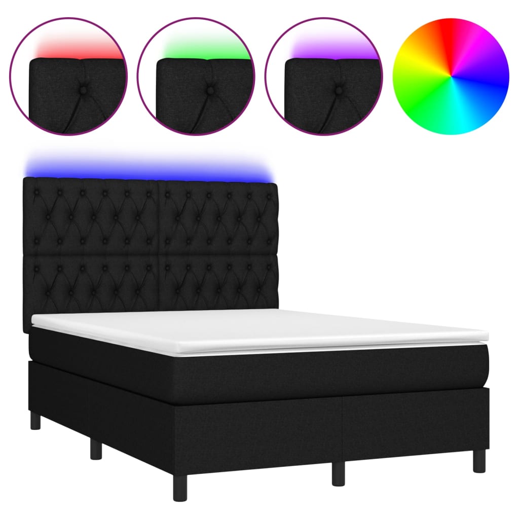 Lit boxspring avec matelas et lumières LED, tissu noir, 140x190 cm ...