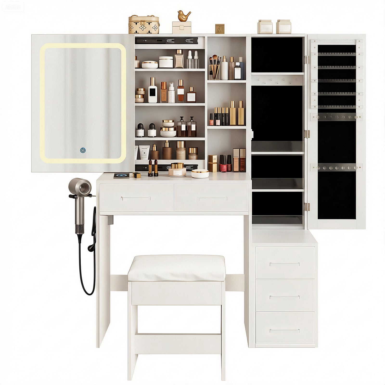 Coiffeuse 5 tiroirs miroir coulissant LED 3 tons avec station de charge intégrée rangement bijoux tabouret meuble chambre grande capacité - 7