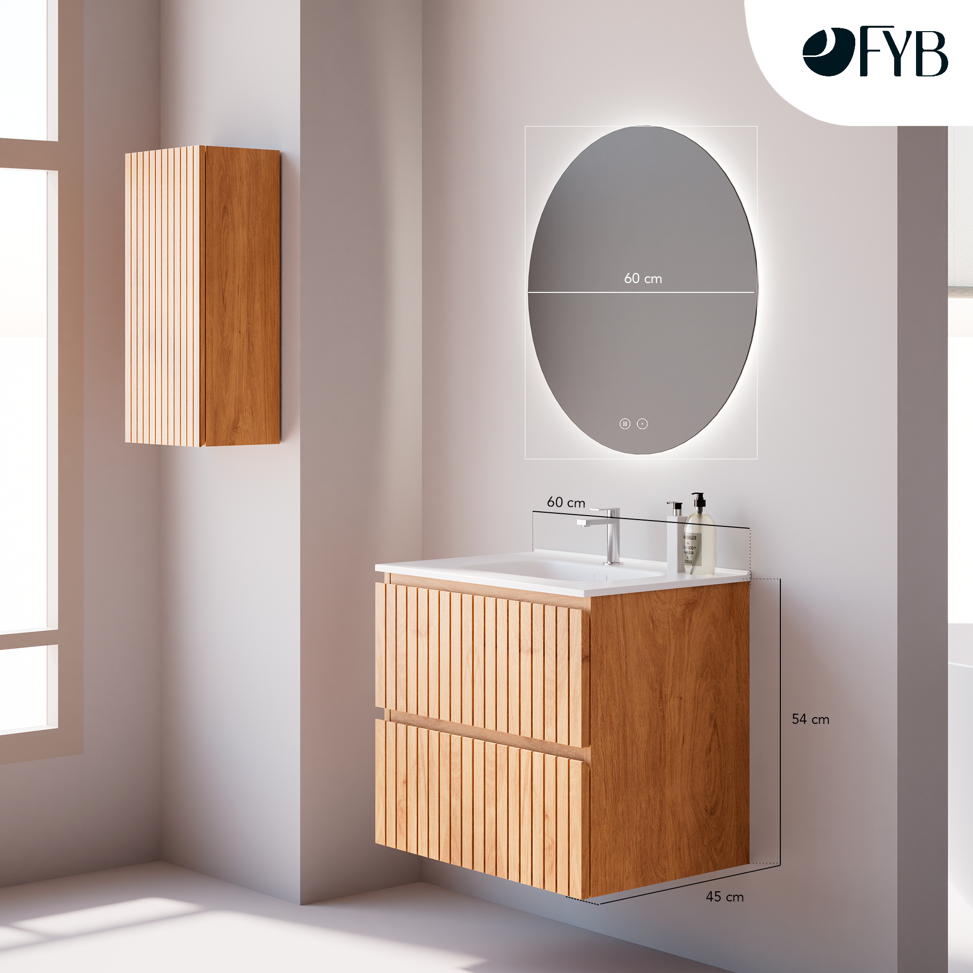 Feel Your Bath, Ensemble Meuble de Salle de Bain 60 cm, Coloris Chêne Nordique avec Miroir et Vasque Céramique Blanche – 2 Tiroirs Soft Close TIGER - 3