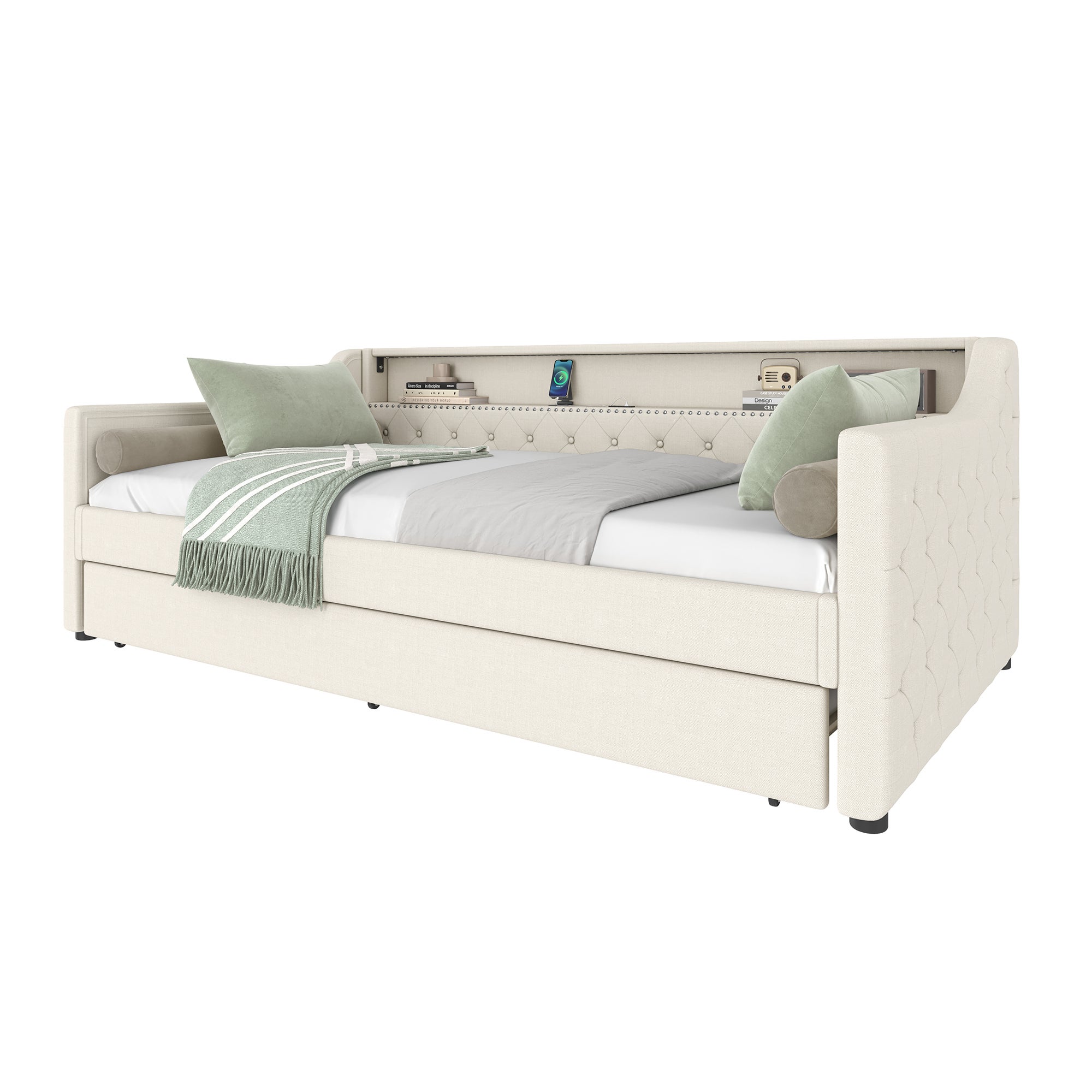 Sofa rozkładana 90 x 200 cm - z oświetleniem LED - z wysuwanym łóżkiem - z USB - pościel - z podstawą - kolor beżowy - 5