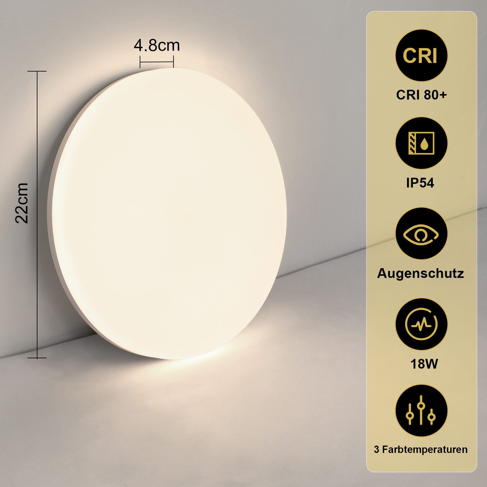 NETTLIFE Plafonnier LED 18W 22CM Rond IP54 Plat Dimmable Chambre Salle de Bain Lampe avec Télécommande pour Couloir de Cuisine - 2