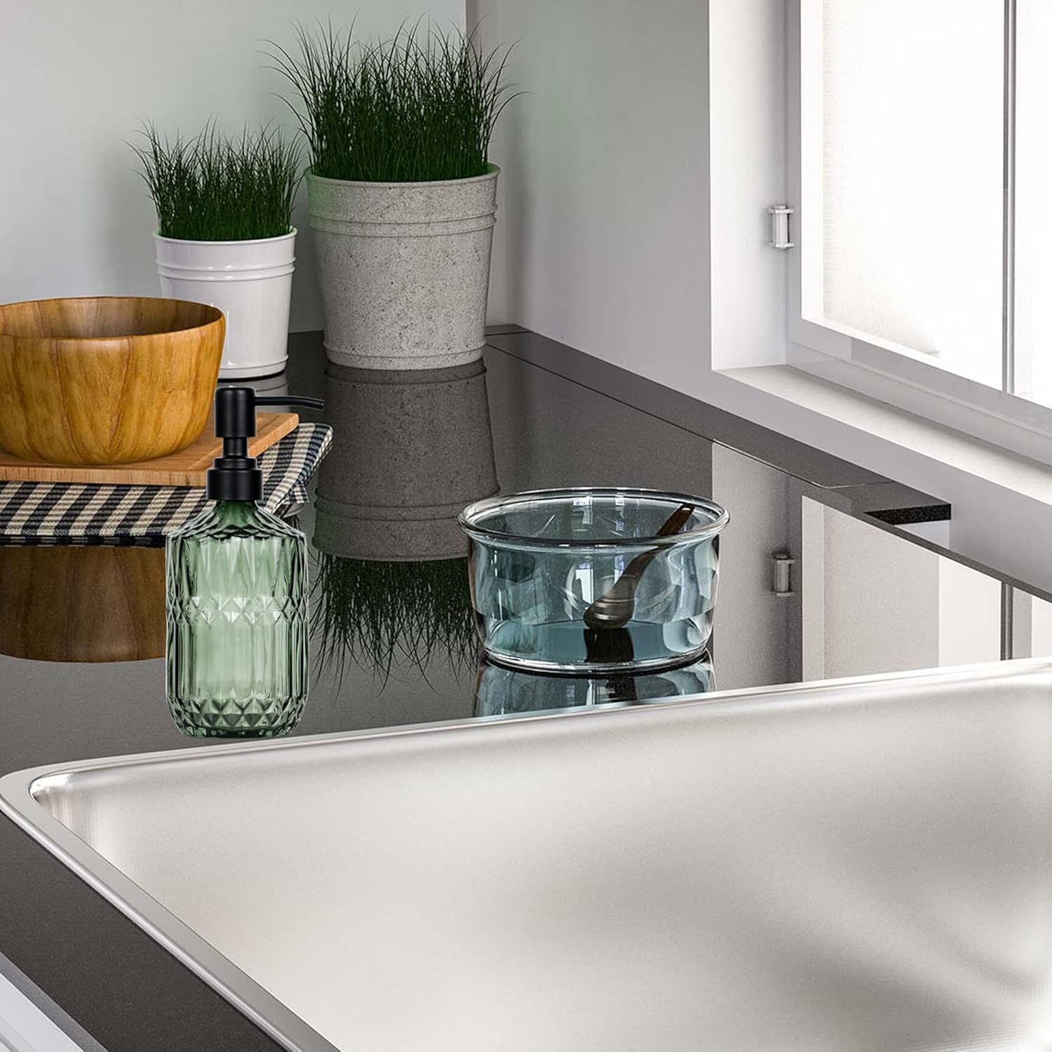 Distributeur de savon en verre épais vert foncé avec pompe antirouille noire rechargeable pour salle de bain, cuisine pour savon pour les mains, déte - 5