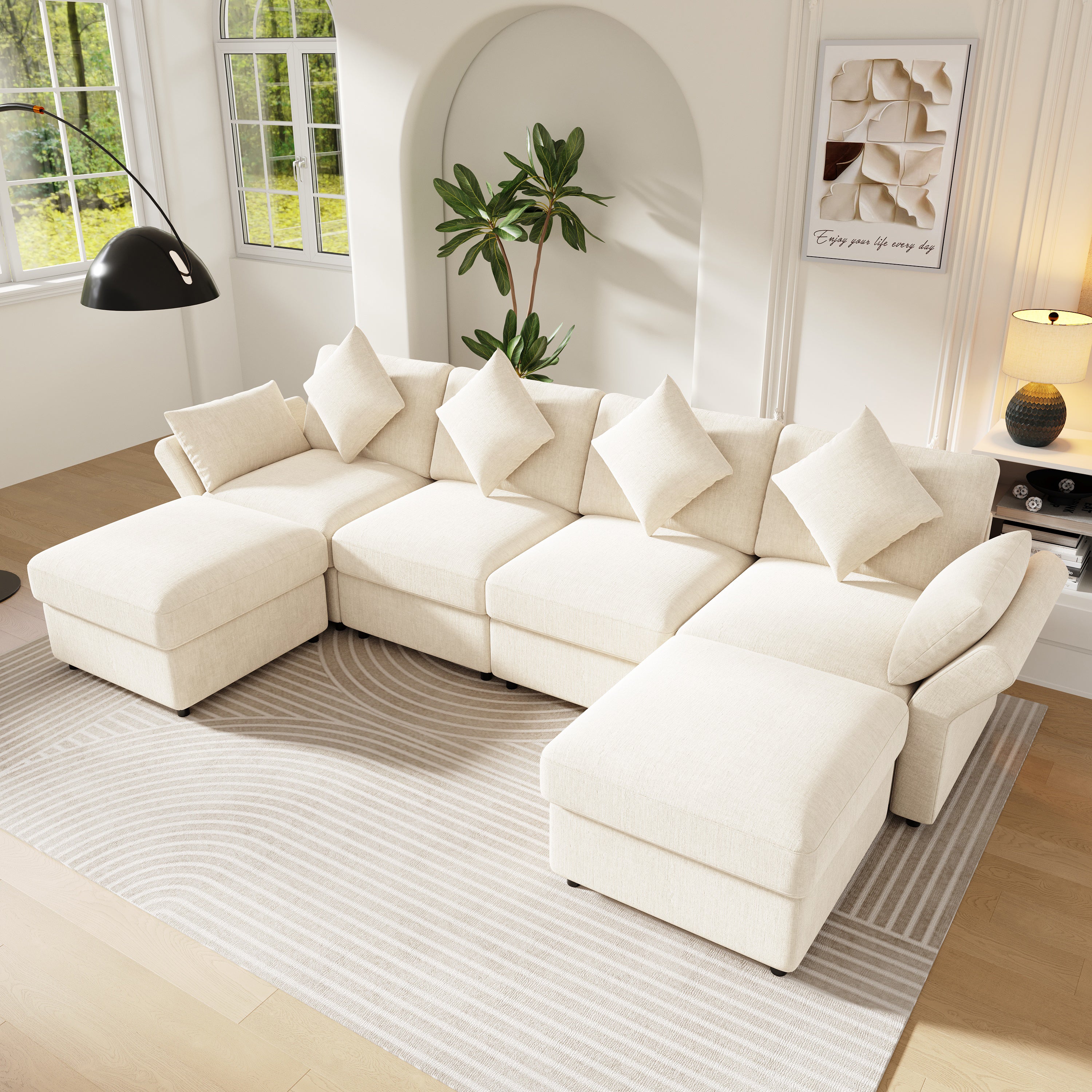 Modułowa sofa 4-osobowa z tkaniny szenilowej z 2 podnóżkami i regulowanymi podłokietnikami - 284 x 156,5 x 86 cm - beżowa
