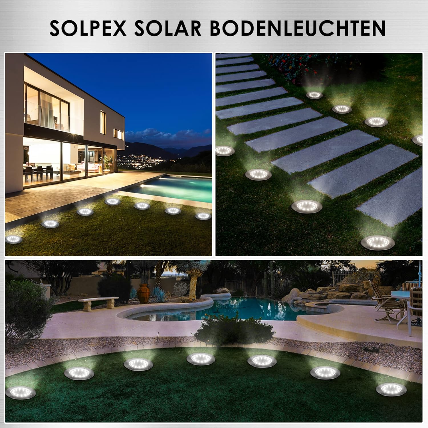 Lot de 8 lampes solaires de sol pour jardin, 12 LED, blanc, en acier inoxydable, étanche, pour extérieur, jardin, terrasse,pelouse, cour, allée - 5