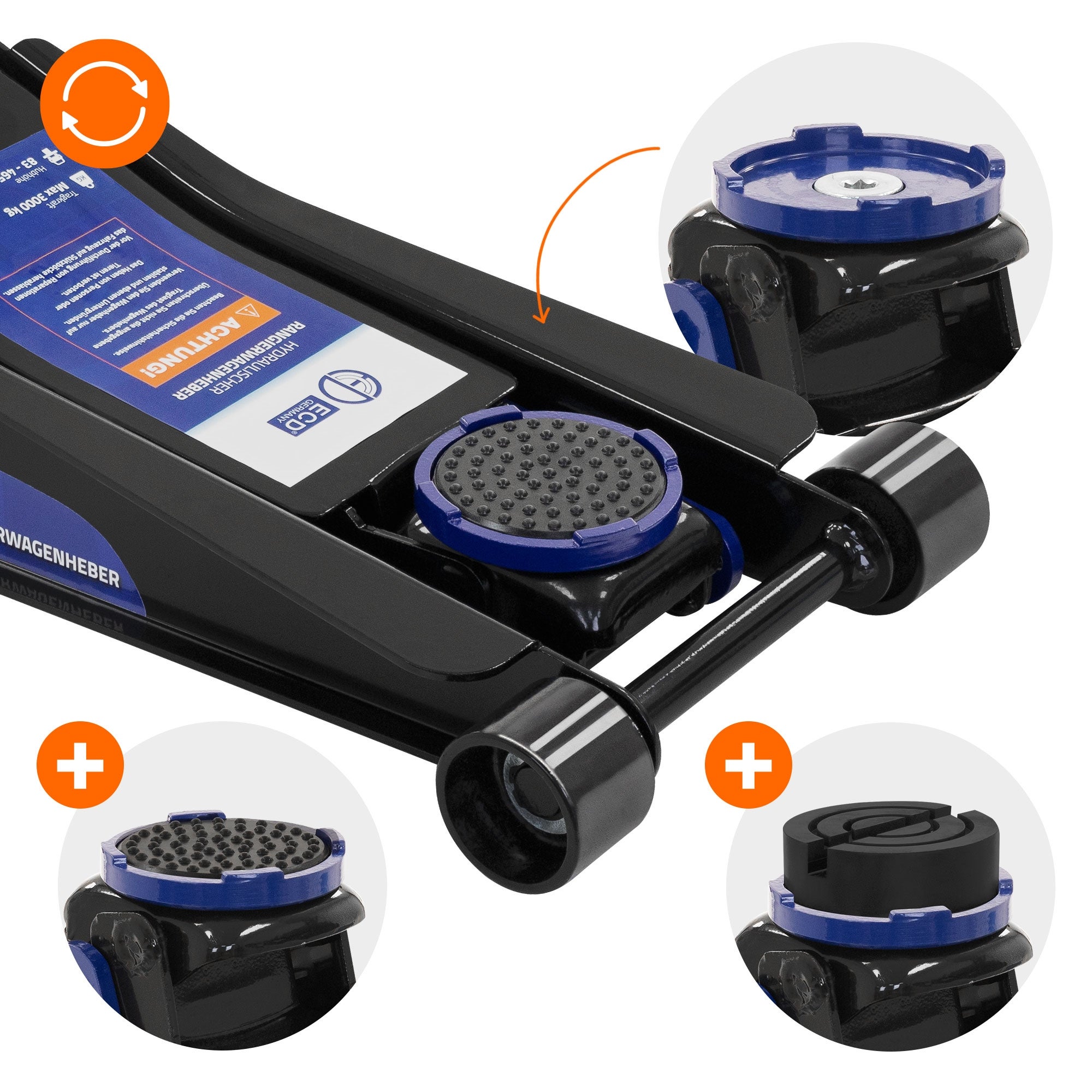 ECD Germany Macaco hidráulico para automóveis 3T com altura de elevação de 83-465 mm com 2 almofadas de borracha e alavanca longa com roletes de 360° - 3