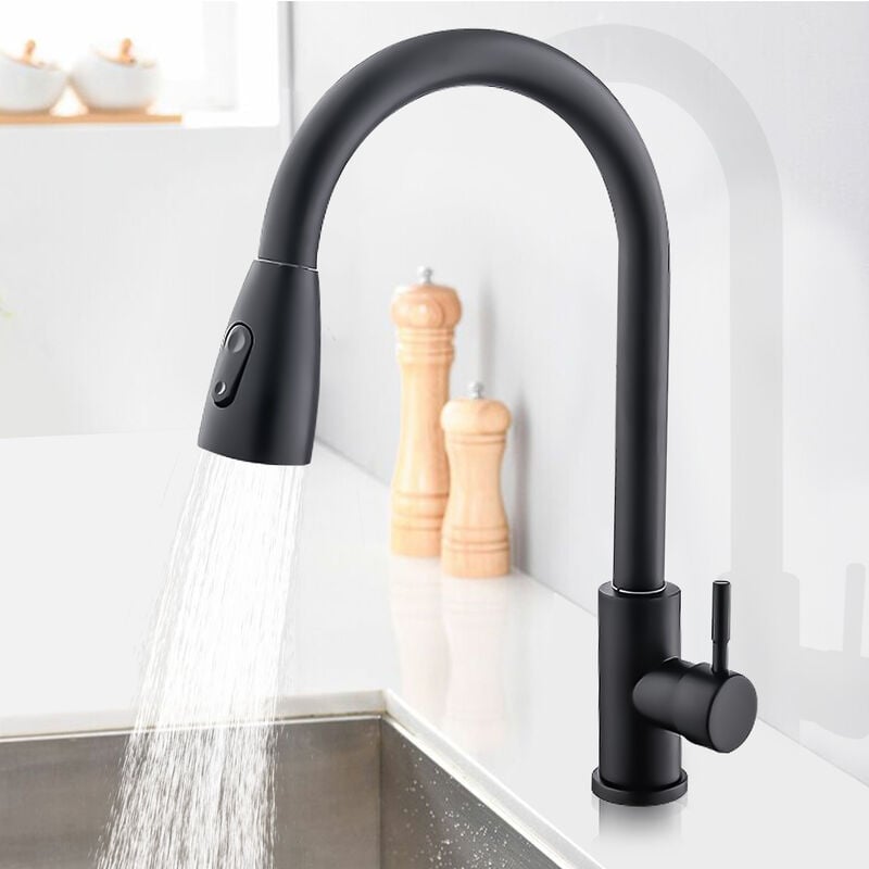 Bateria kuchenna, obrotowa o 360°, z wyciąganą wylewką i podwójną funkcją natrysku, ciepła i zimna woda, stal nierdzewna - Czarna