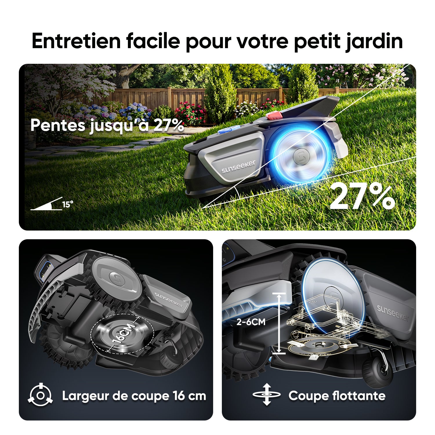 Robot Corta-Relva Sem Fios, 300 M², Com Garagem Gratuita, Vision AI, Evitamento De Obstáculos, Inclinação 27%, Controlo Por App, Sunseeker V1 - 5