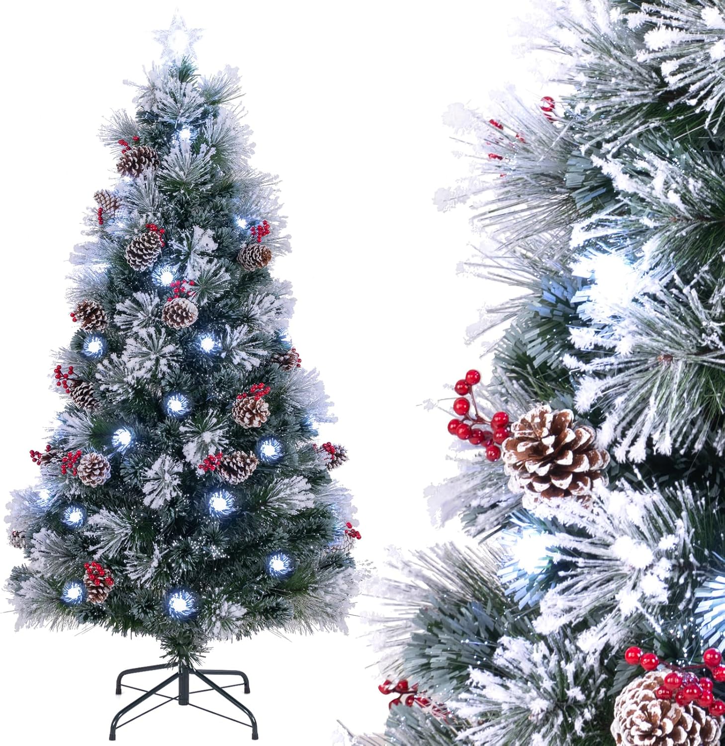 Choinka Bożonarodzeniowa 180 cm, Sztuczna, z Oświetleniem, 63 Lampki LED, 8 Trybów Świecenia, 20 Szyszek, 20 Czerwonych Jagód, Gwiazda na Czubku