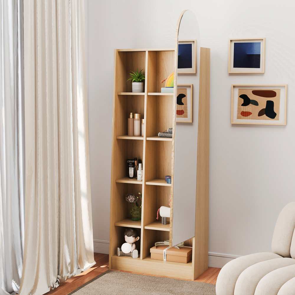 Armoire à chaussures avec miroir, colonne avec rangement et étagères réglables, bois naturel - 7