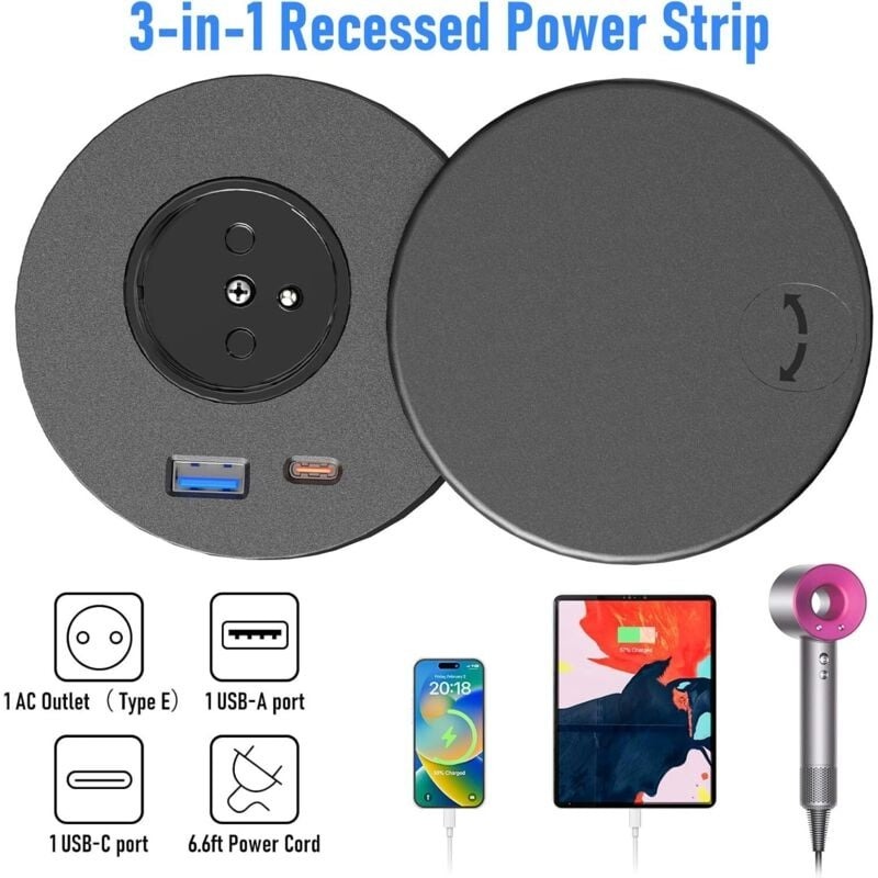 Prise encastrée avec USB-C PD 20 W, multiprise rétractable avec couvercle, ports USB A et C, câble de 1.5 m, prise de bureau noire - 2