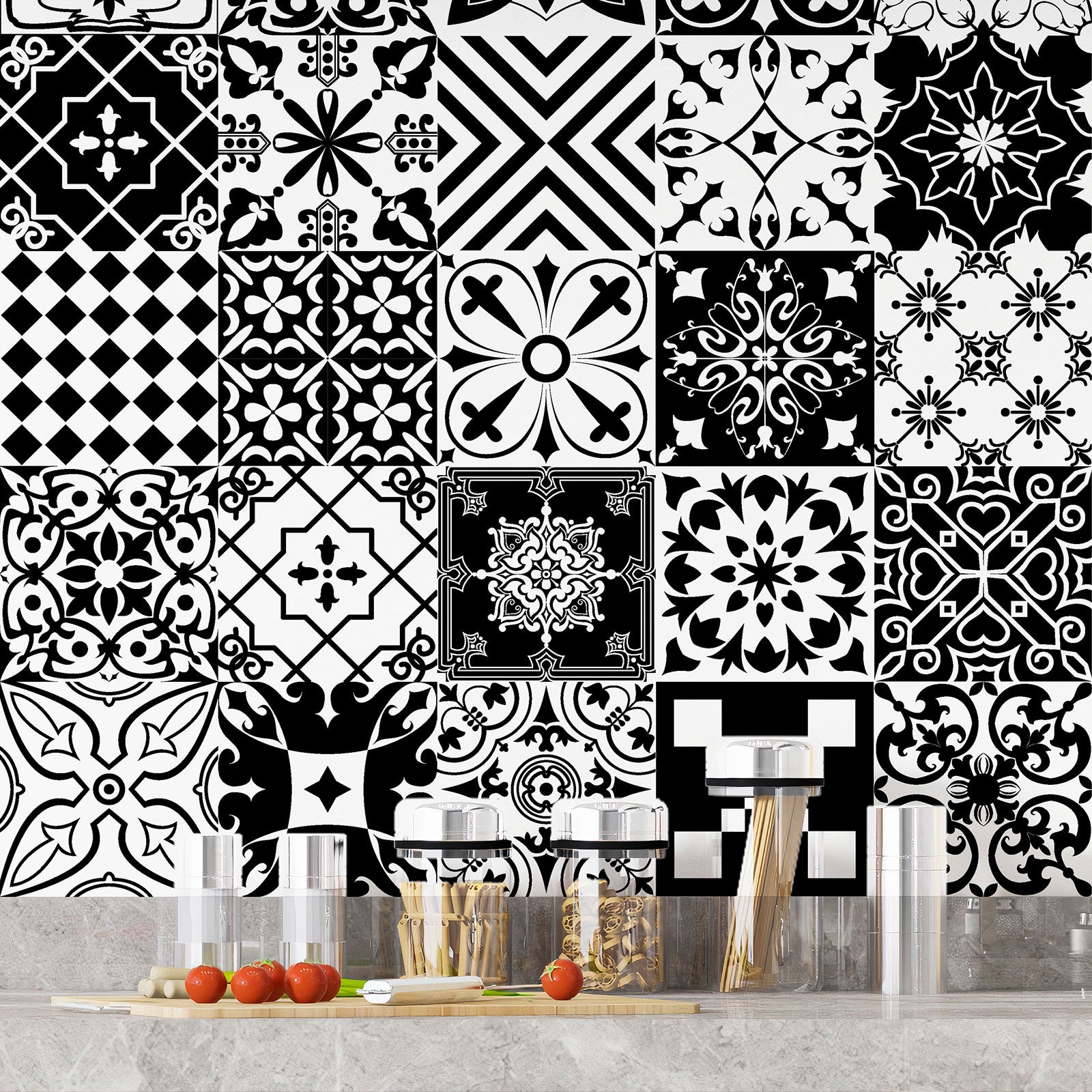 Crédence adhésive sticker décoratif pour cuisine - Effet carreaux de ciment - Adhésif + Protection BRILLANTE - 60x60 cm - 4