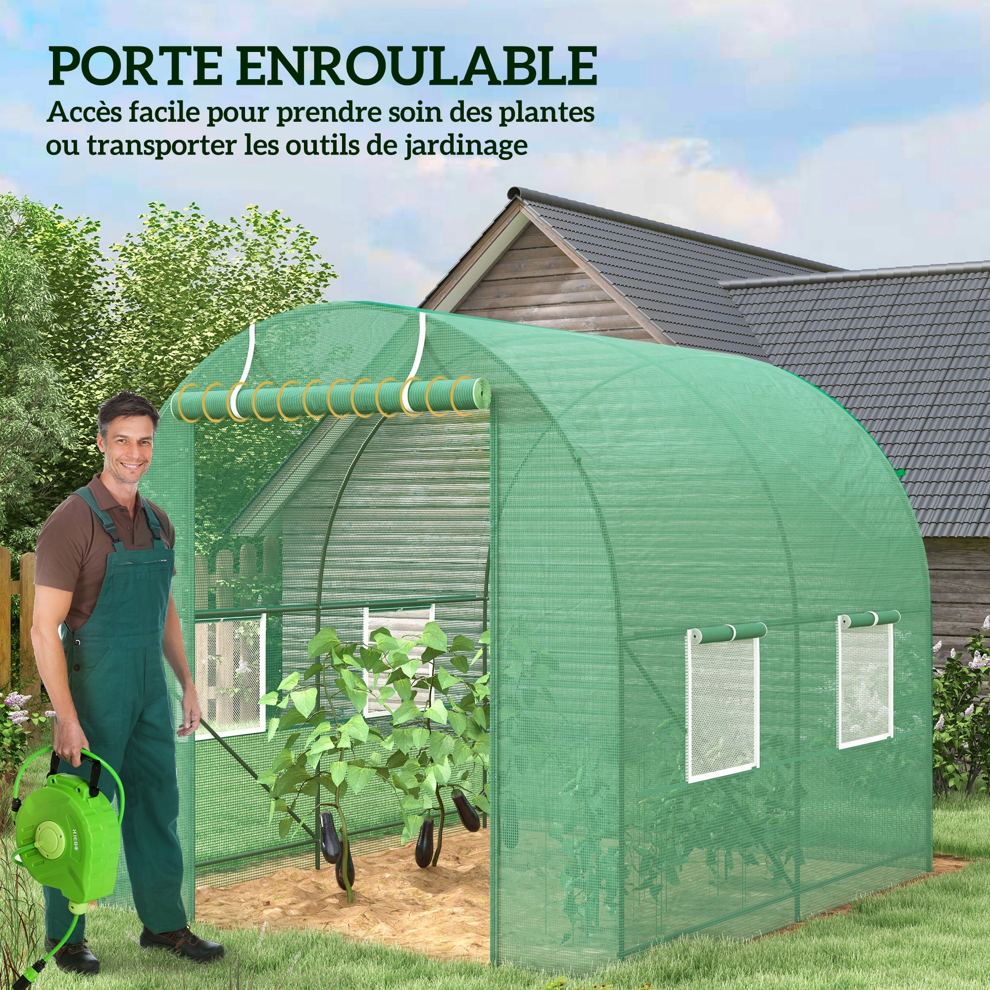 Serre de jardin tunnel - Outsunny - 5 m² renforcé pe haute densité 140 g/m² fenêtres porte déroulante - acier - 2,5x2x2m - vert - 5