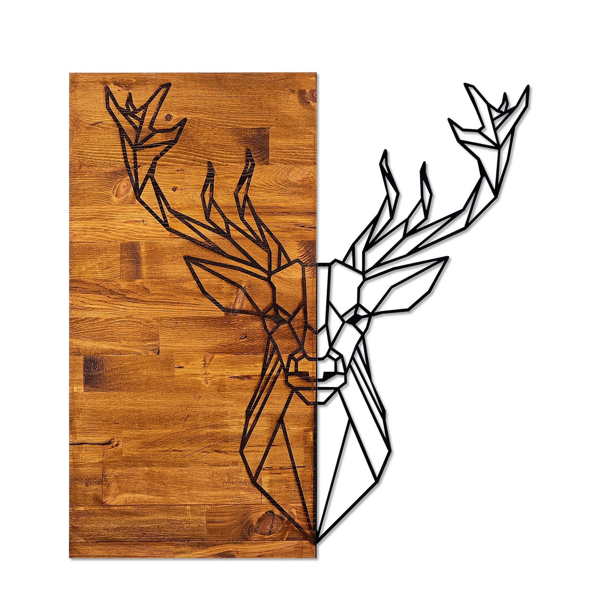 Decoratiune perete DEER1, stejar/negru, lemn/metal, 56x3x58 cm