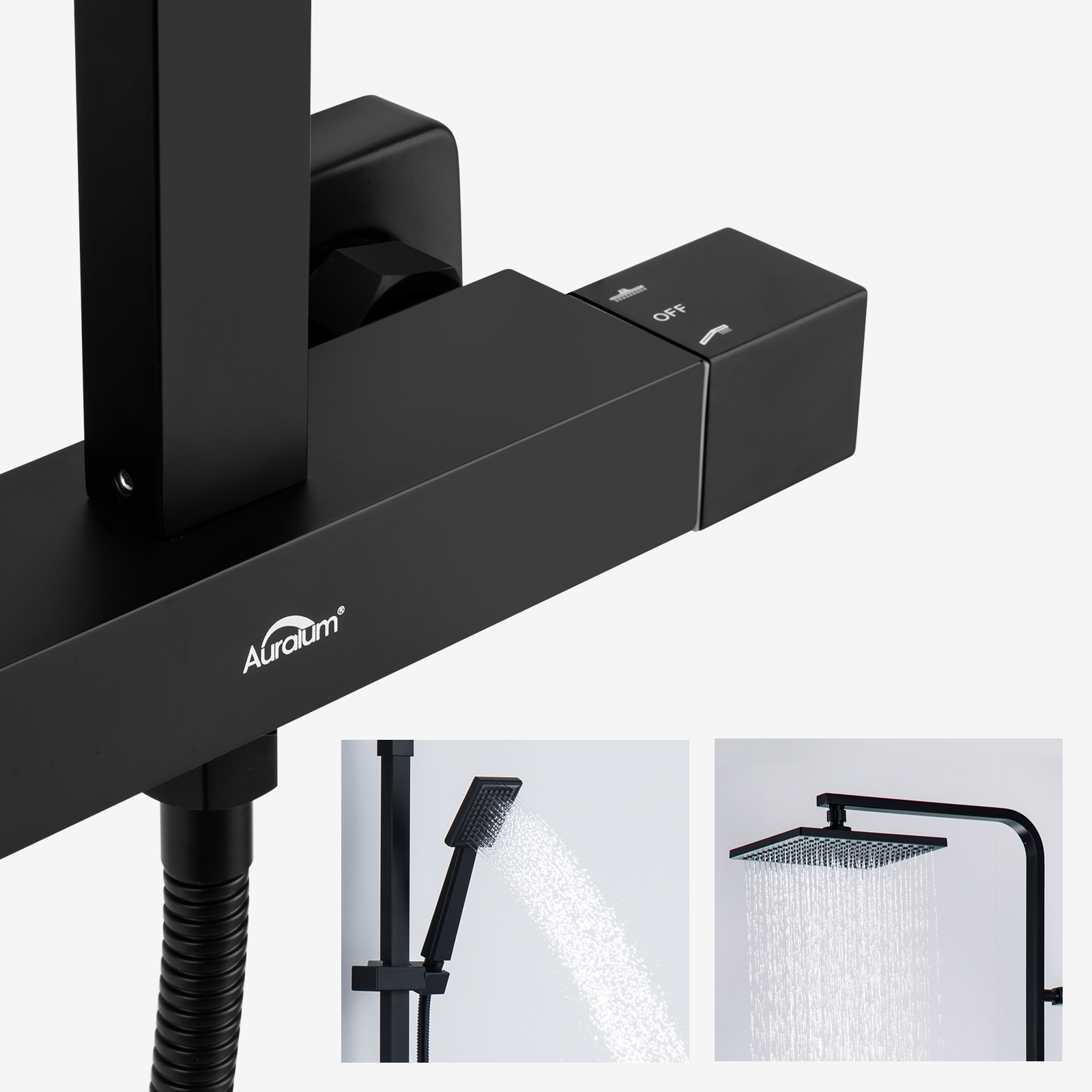 Coluna Duche Preta com Misturadora Termostática em Latão,Conjunto Duche Quadrado 215x215mm,Barra Inoxidável,Altura Ajustável 1100 -1370mm - 3