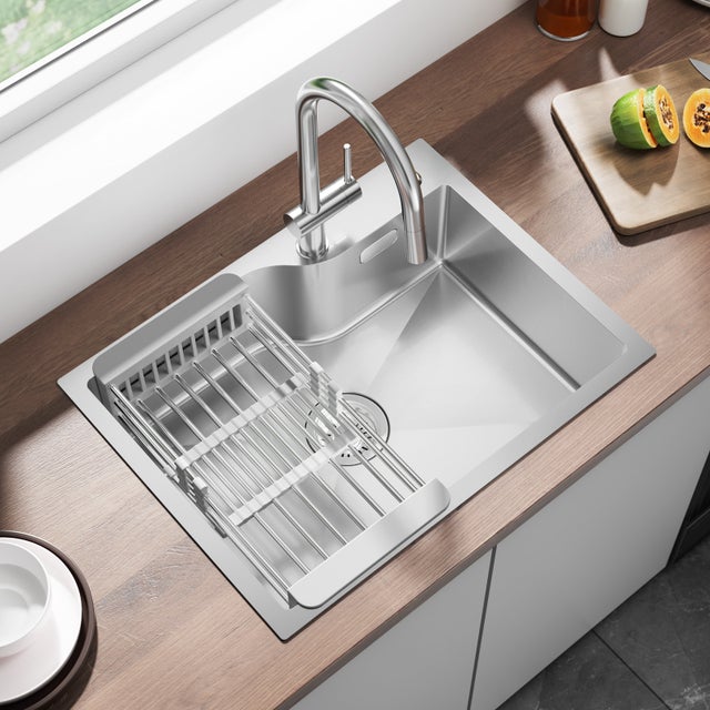 Evier Cuisine 1 Bac 60x45 cm,en Inox,pour Meuble Bas de 60 cm et Plus,Évier avec Trou pour Robinet,Panier Égouttage, Siphon/Trop-Plein,Argent